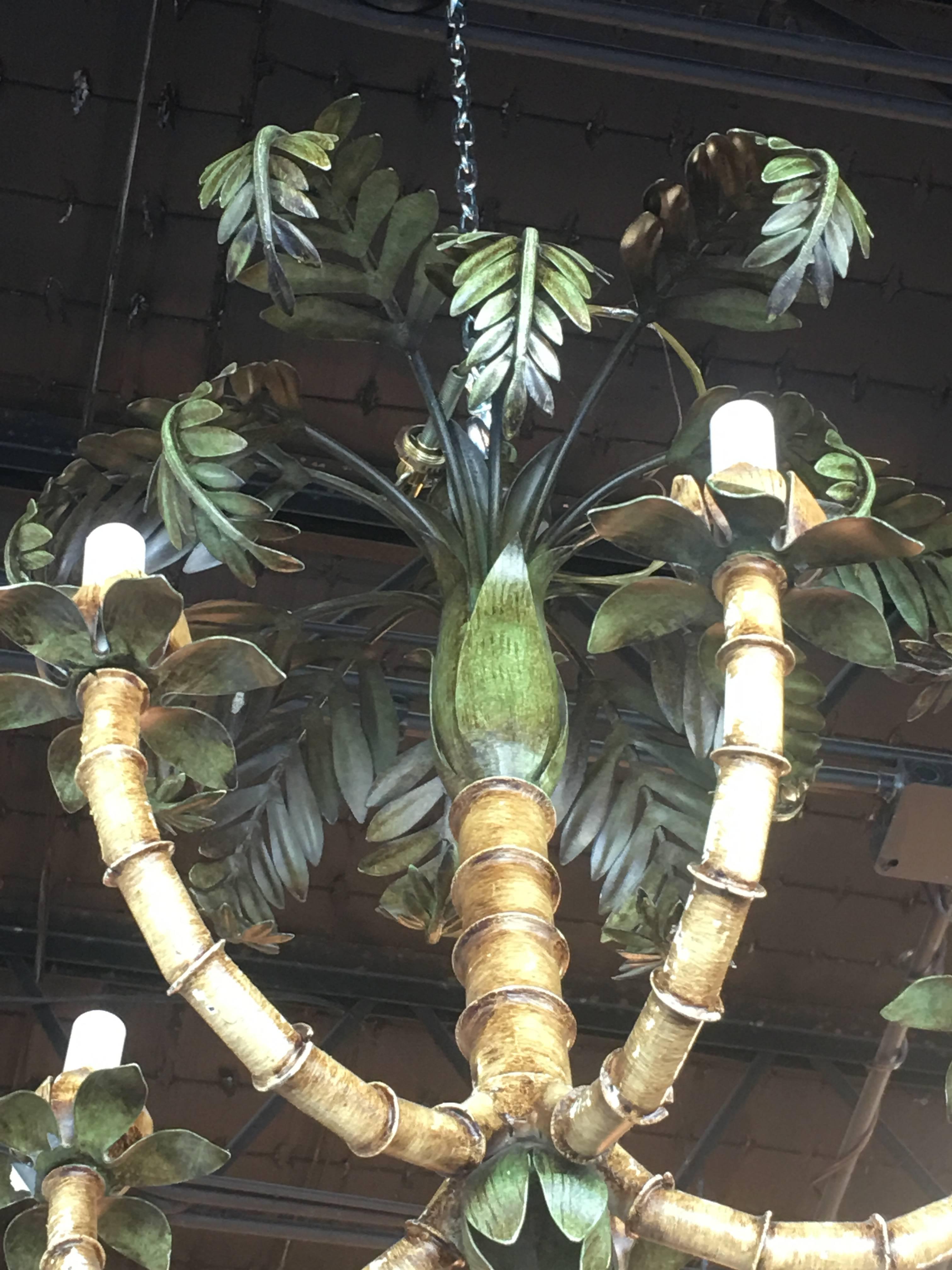 Vintage Palm Tree Frond Leaf Leaves Chandelier Metal Tole Palm Beach In Good Condition In West Palm Beach, FL