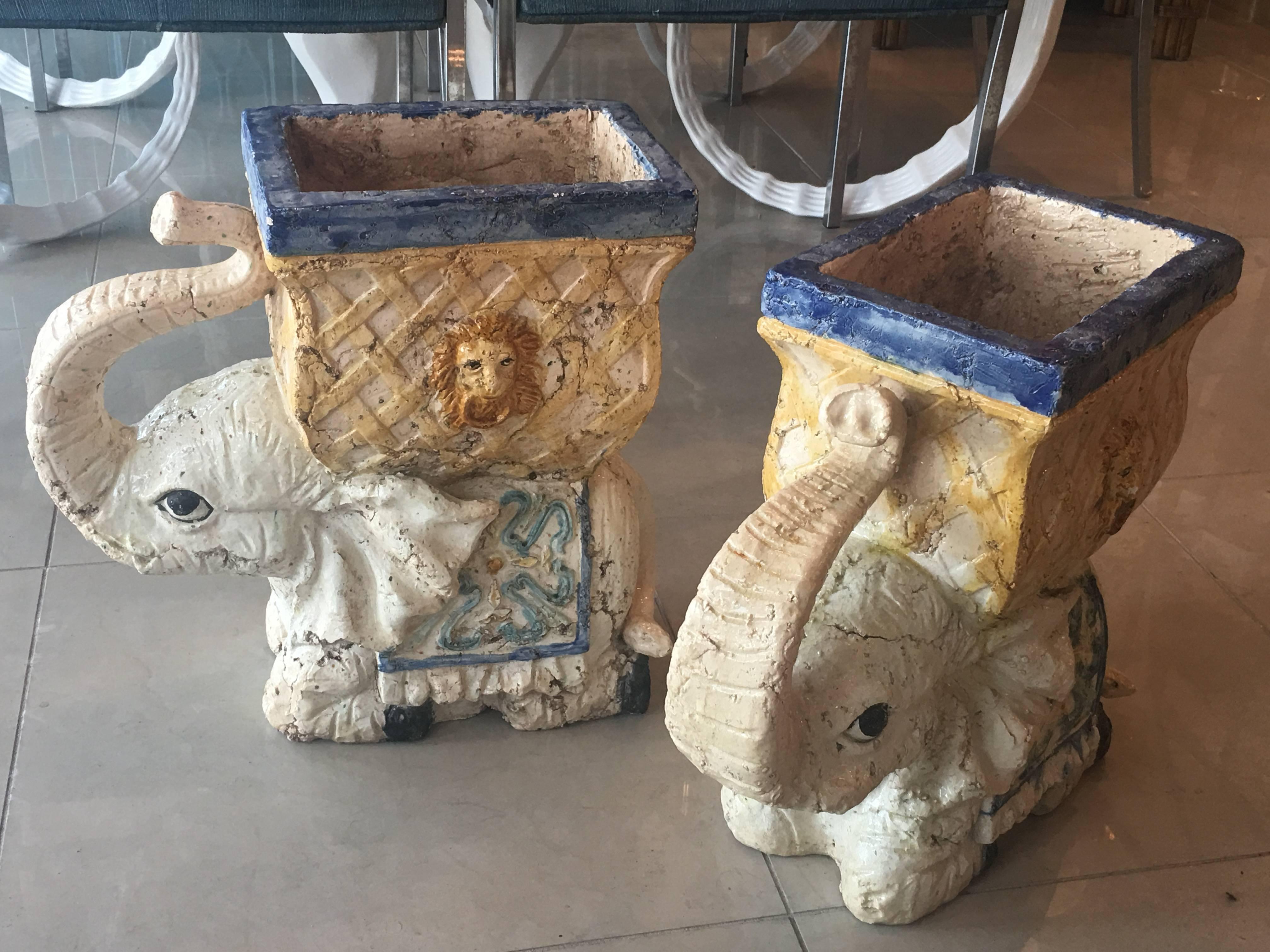 Terracotta Pair of Vintage Elephant Garden Planters Pots Stands Italian Lattice Palm Beach For Sale
