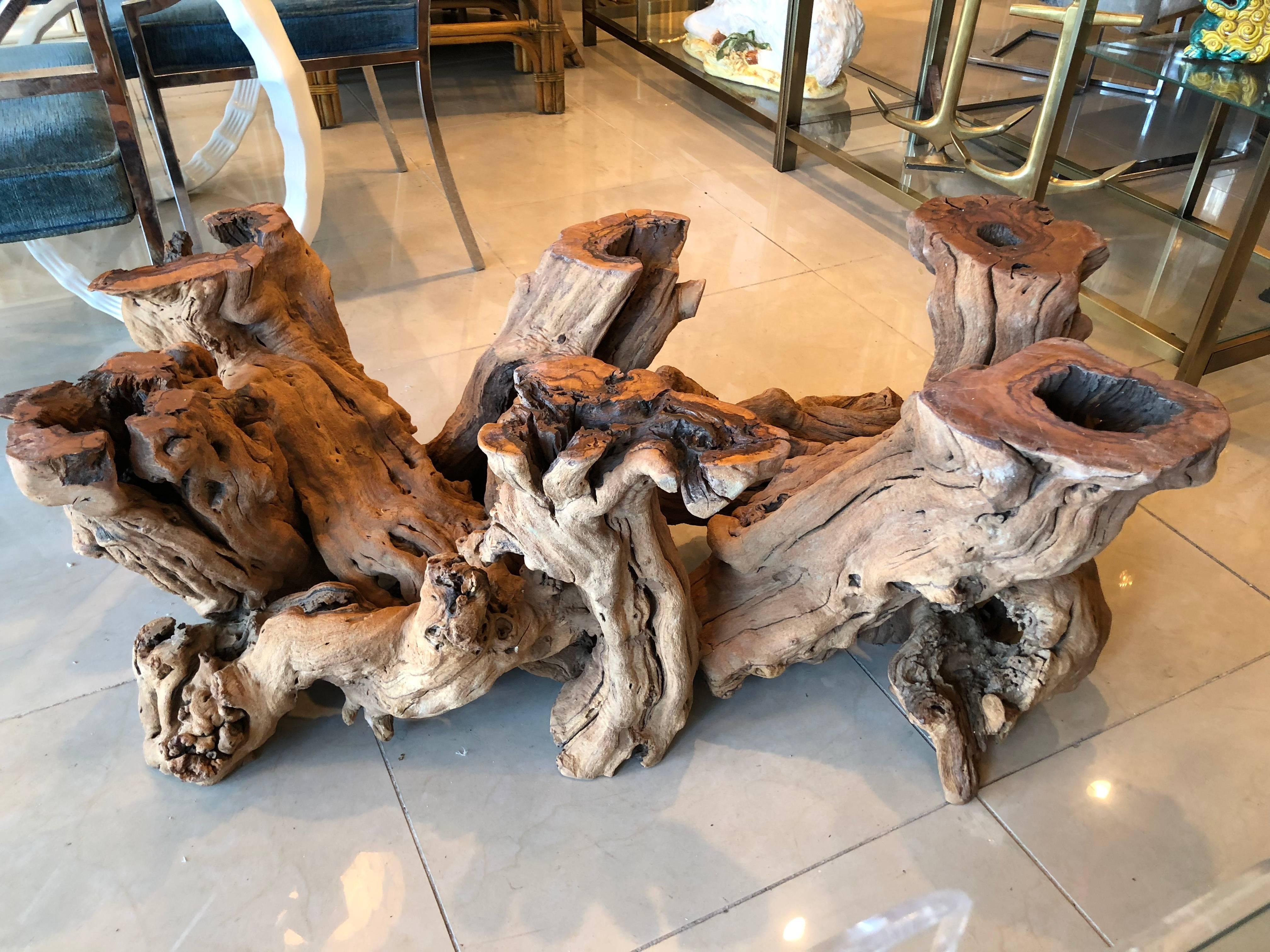 Late 20th Century Driftwood Cypress Wood Coffee Cocktail Table Palm Beach