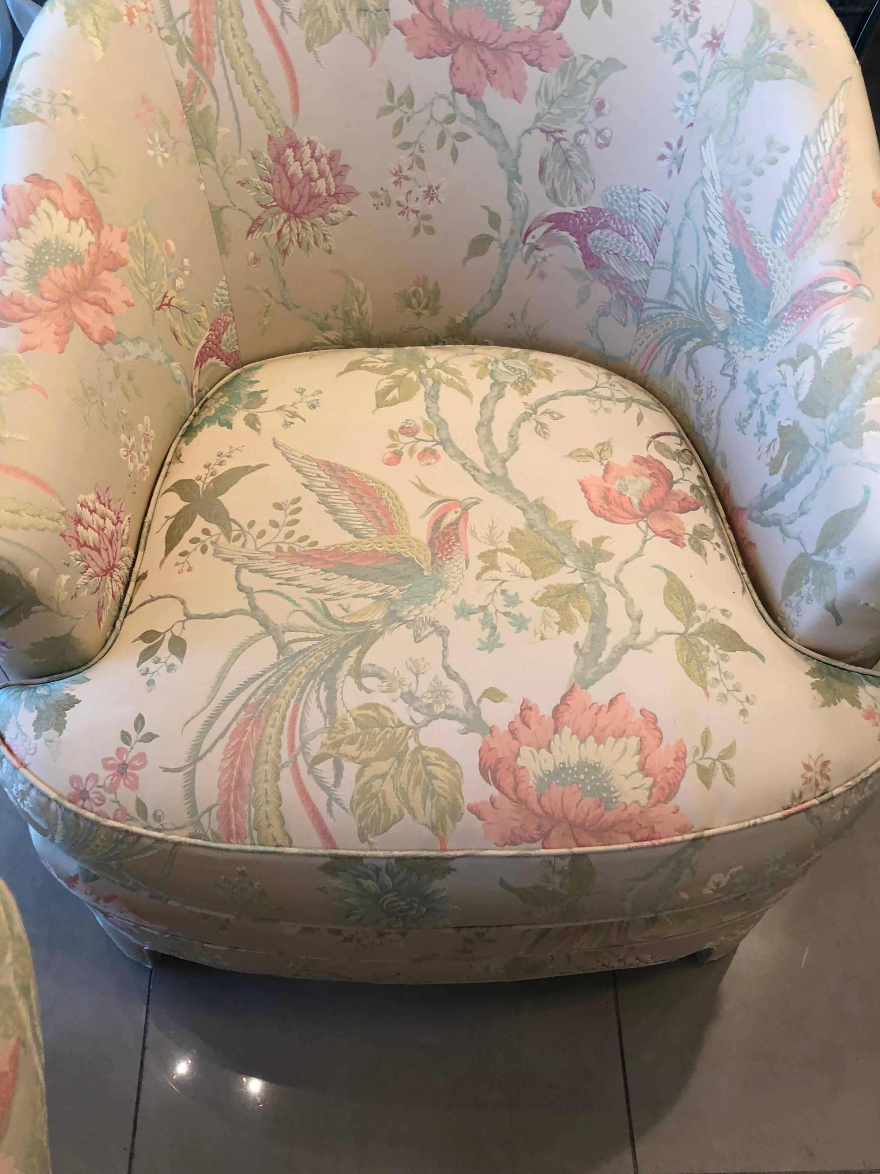 Pair of Vintage Club Tropical Birds Lounge Armchairs Arm Chairs Chinoiserie 1