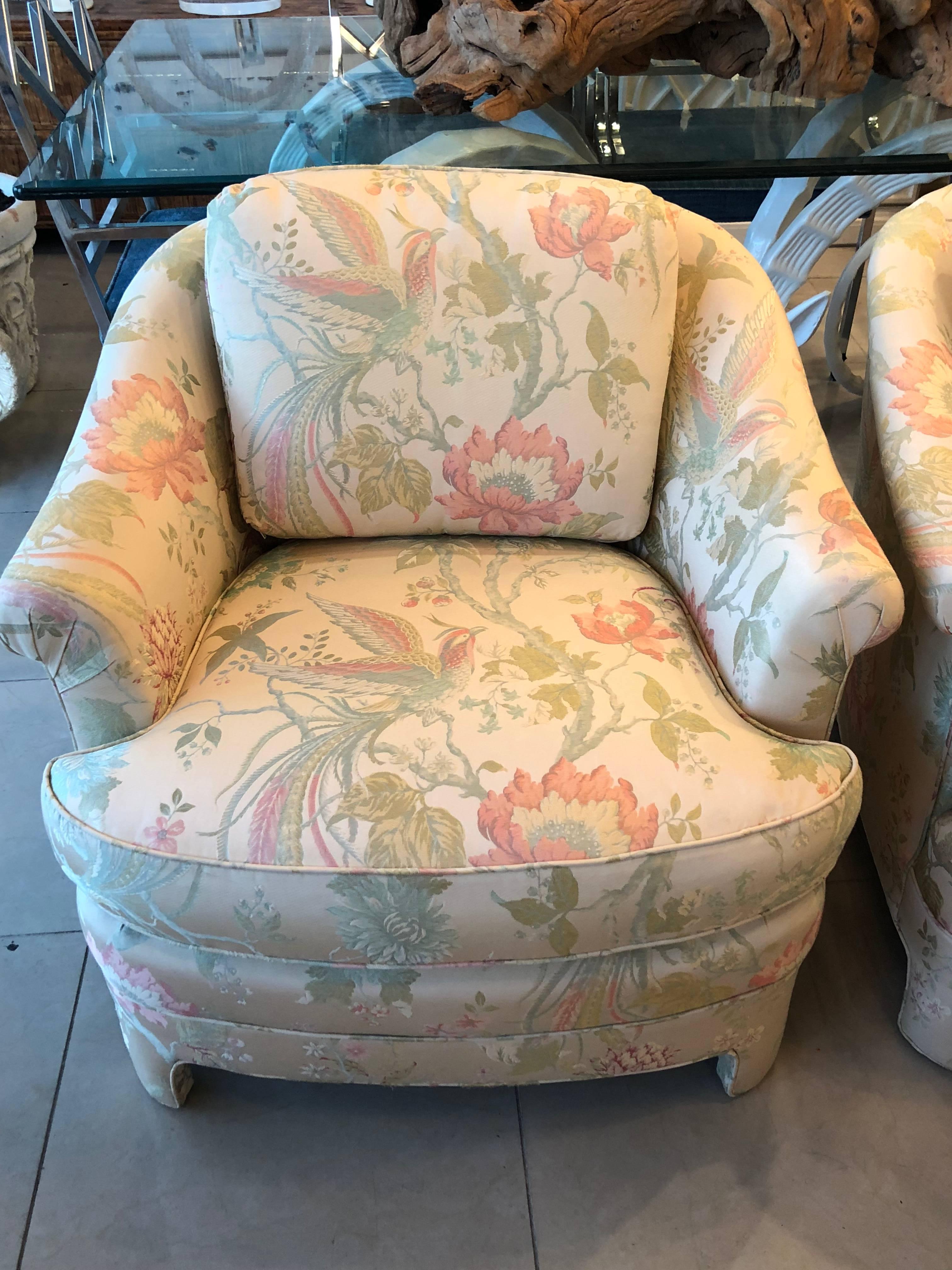 Lovely pair of Vintage armchairs Arm Chairs, Club, Lounge with original upholstery. Lovely tropical pastel color birds With a shimmery vibe. These have been professionally steam cleaned. May have minor spots that do not detract from the chair. 