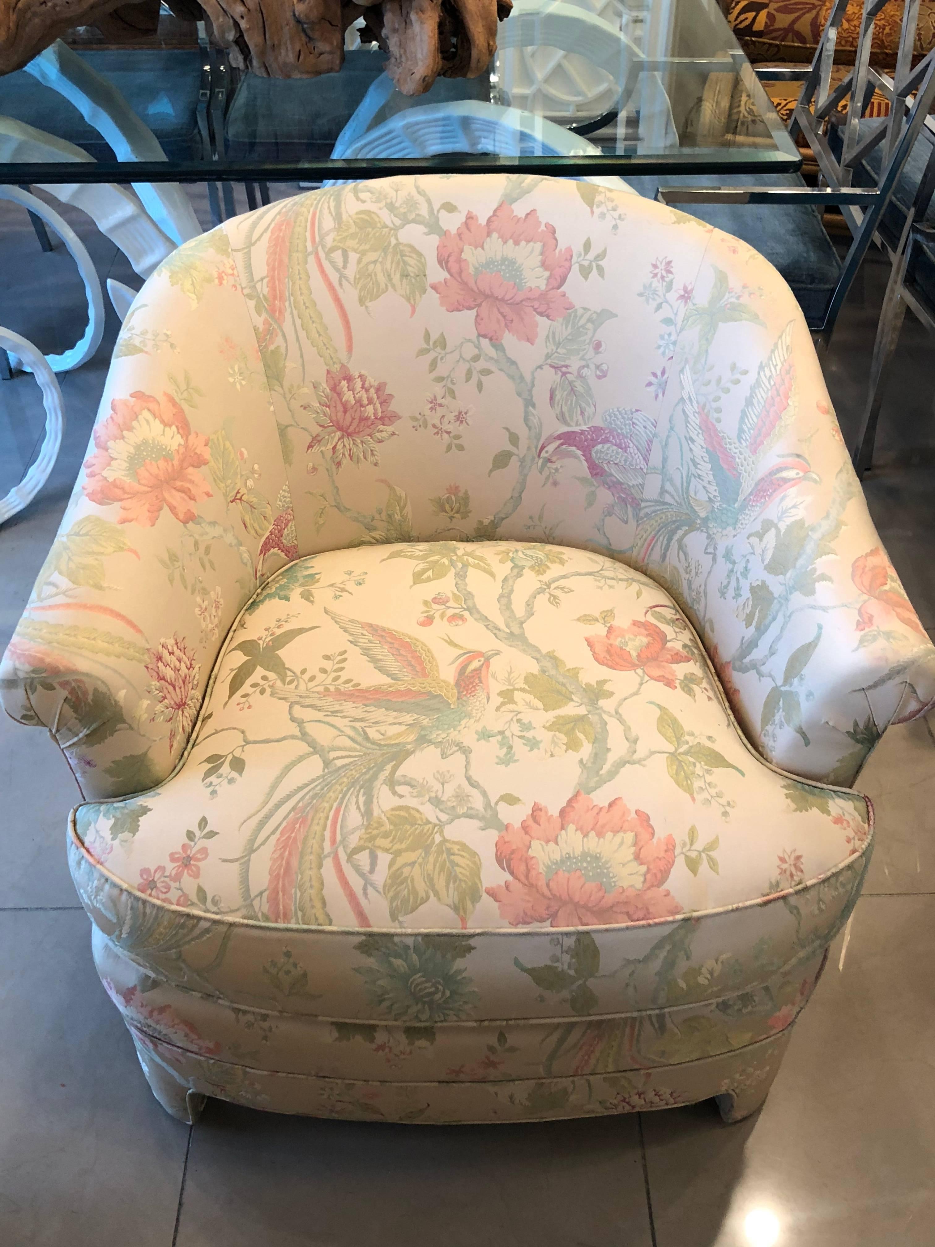 Upholstery Pair of Vintage Club Tropical Birds Lounge Armchairs Arm Chairs Chinoiserie