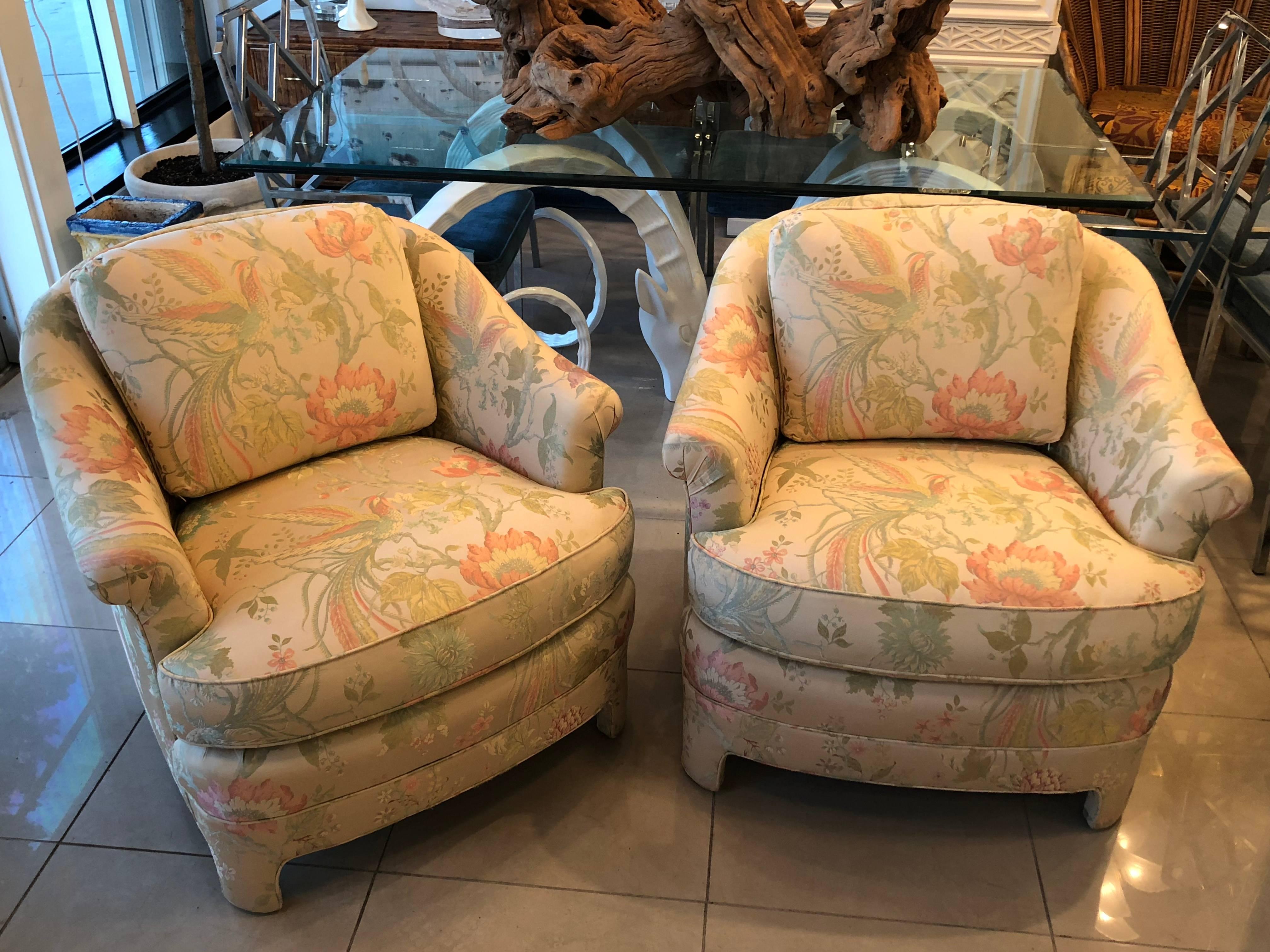Pair of Vintage Club Tropical Birds Lounge Armchairs Arm Chairs Chinoiserie 2