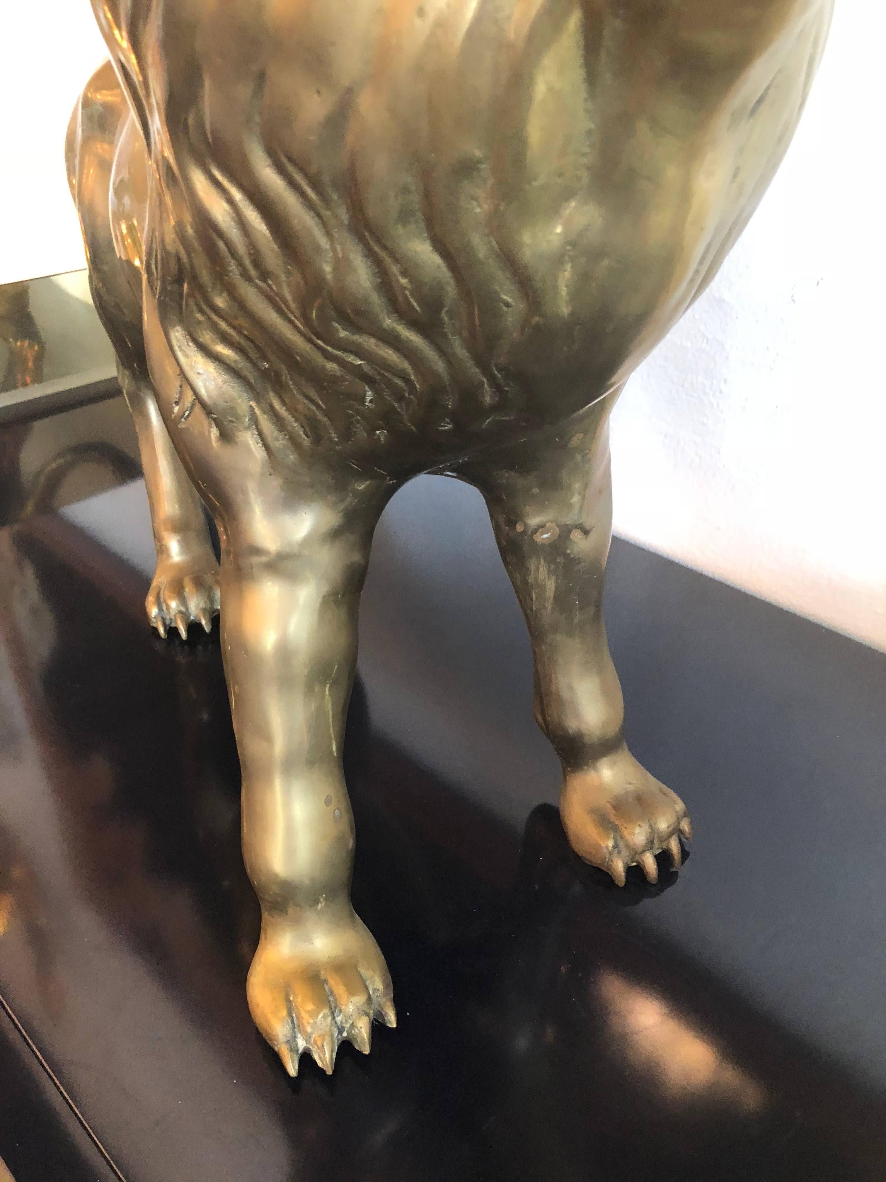 Late 20th Century Vintage Brass Lion Statue Monumental Size Hollywood Regency