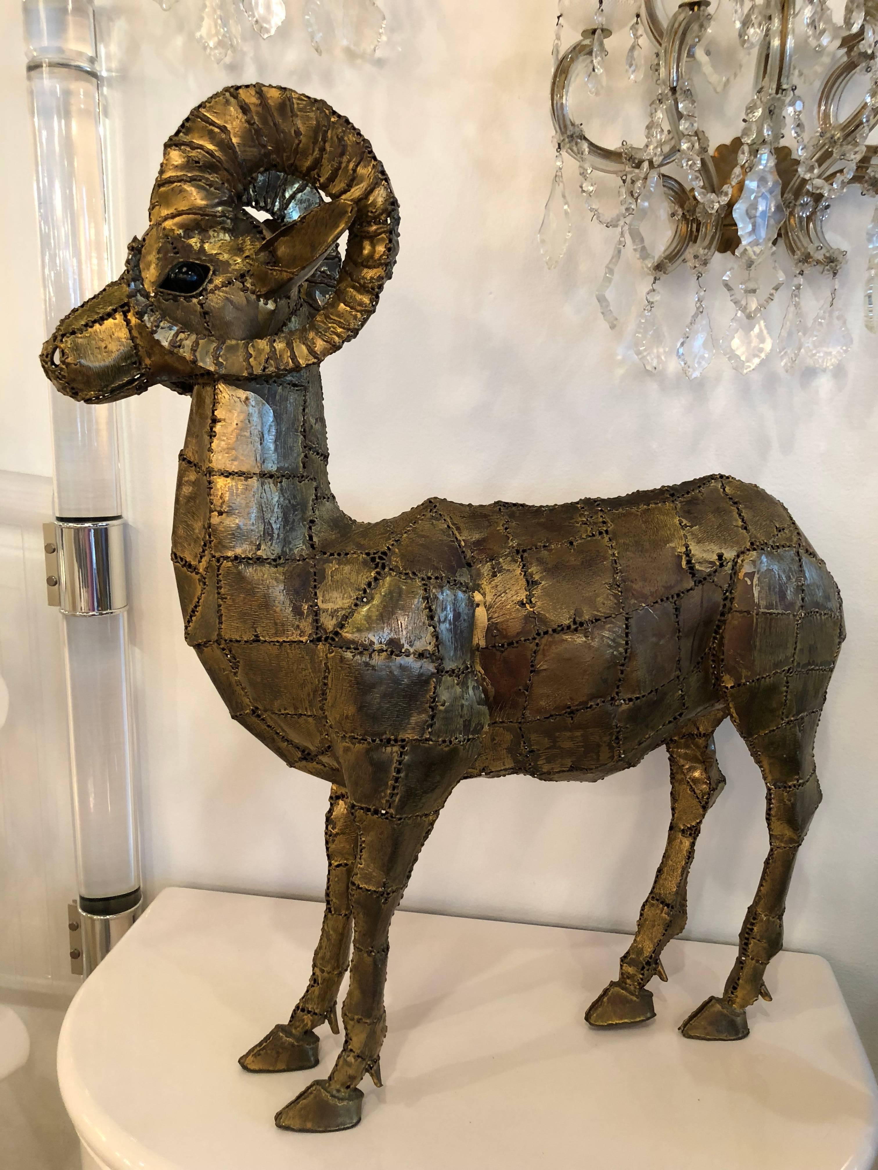 Hollywood Regency Signed Luciano Bustamante Brass Patchwork Ram Ibex Statue For Sale