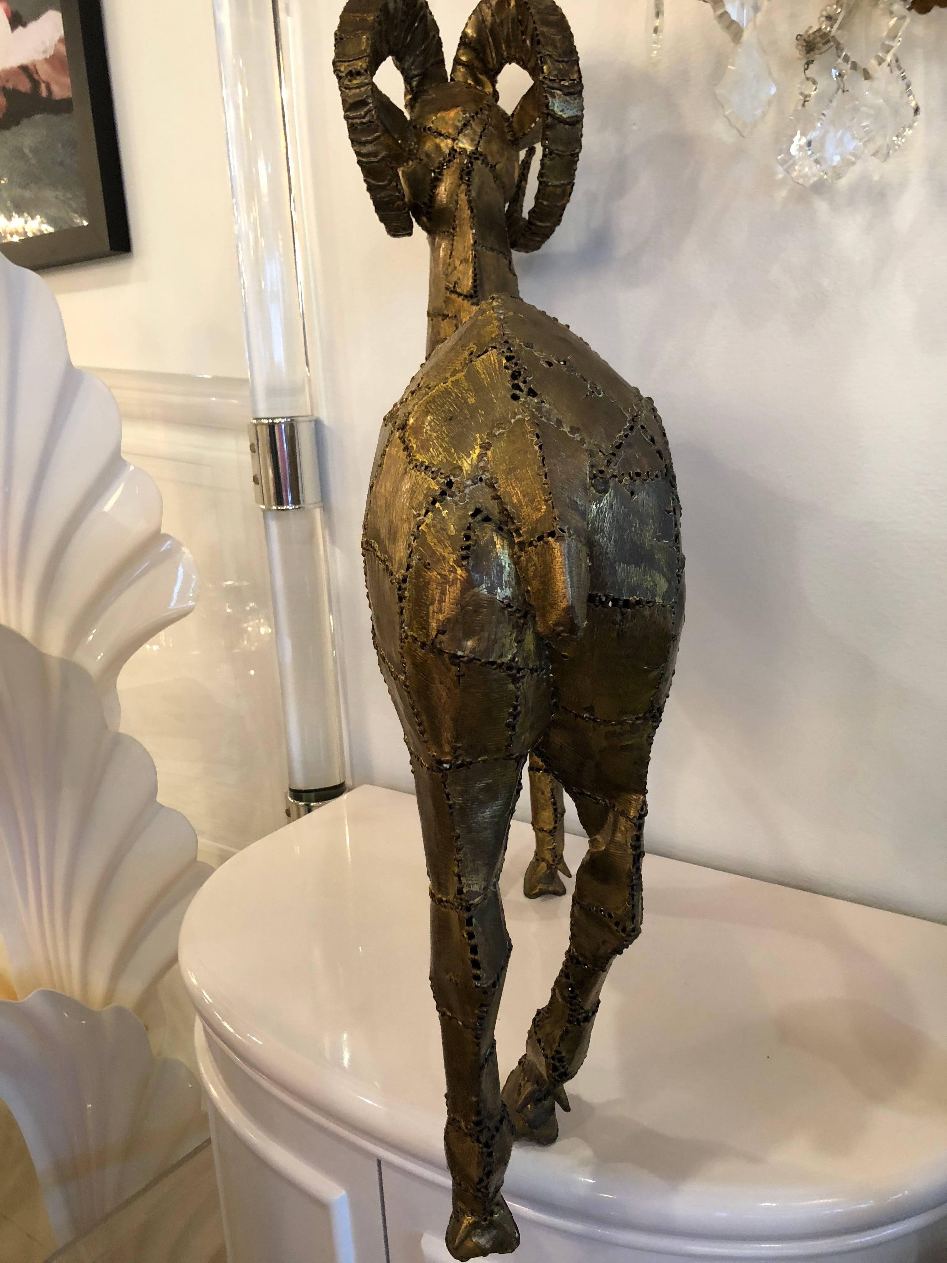 Signed Luciano Bustamante Brass Patchwork Ram Ibex Statue For Sale 2