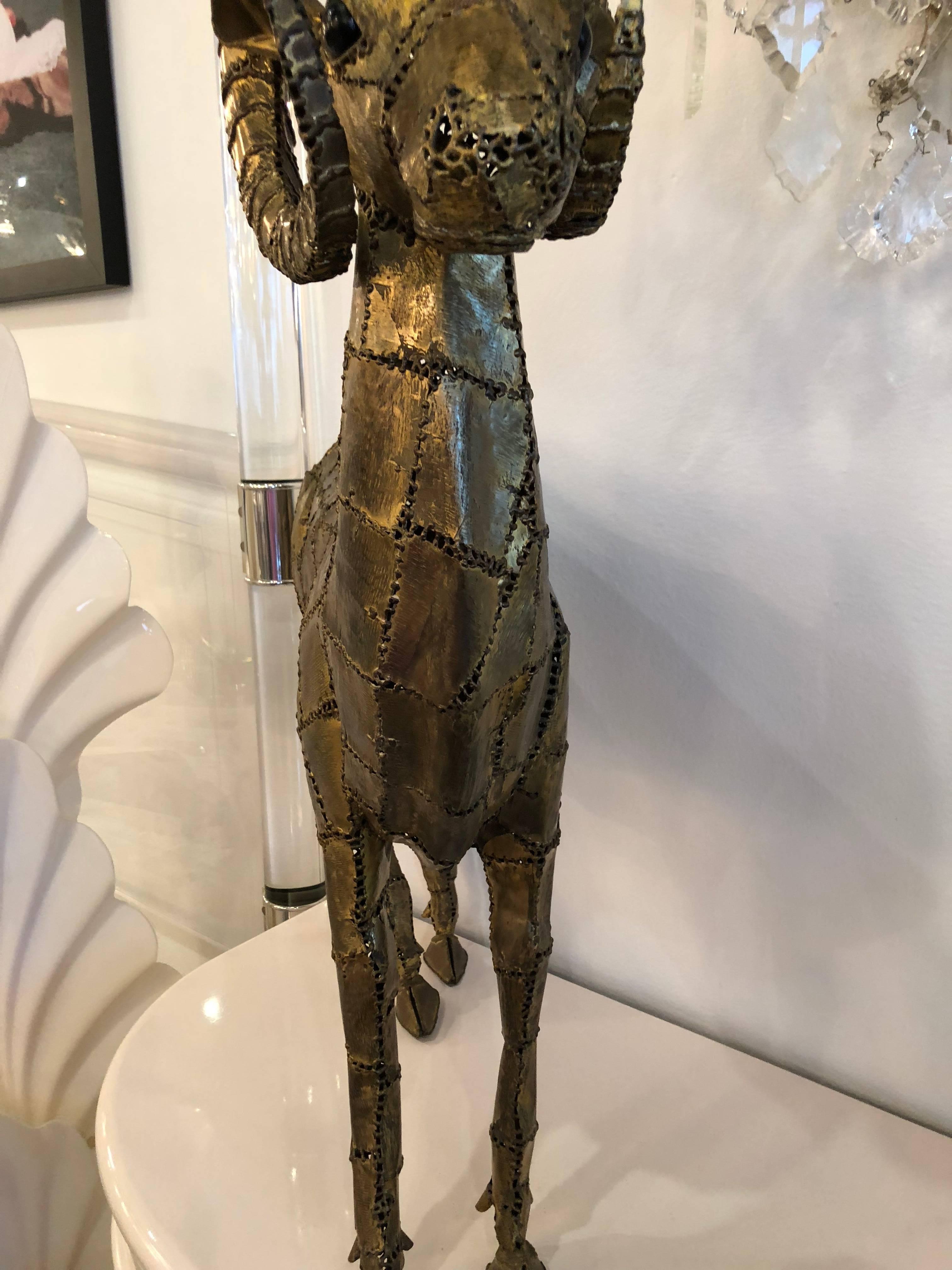 Signed Luciano Bustamante Brass Patchwork Ram Ibex Statue For Sale 1