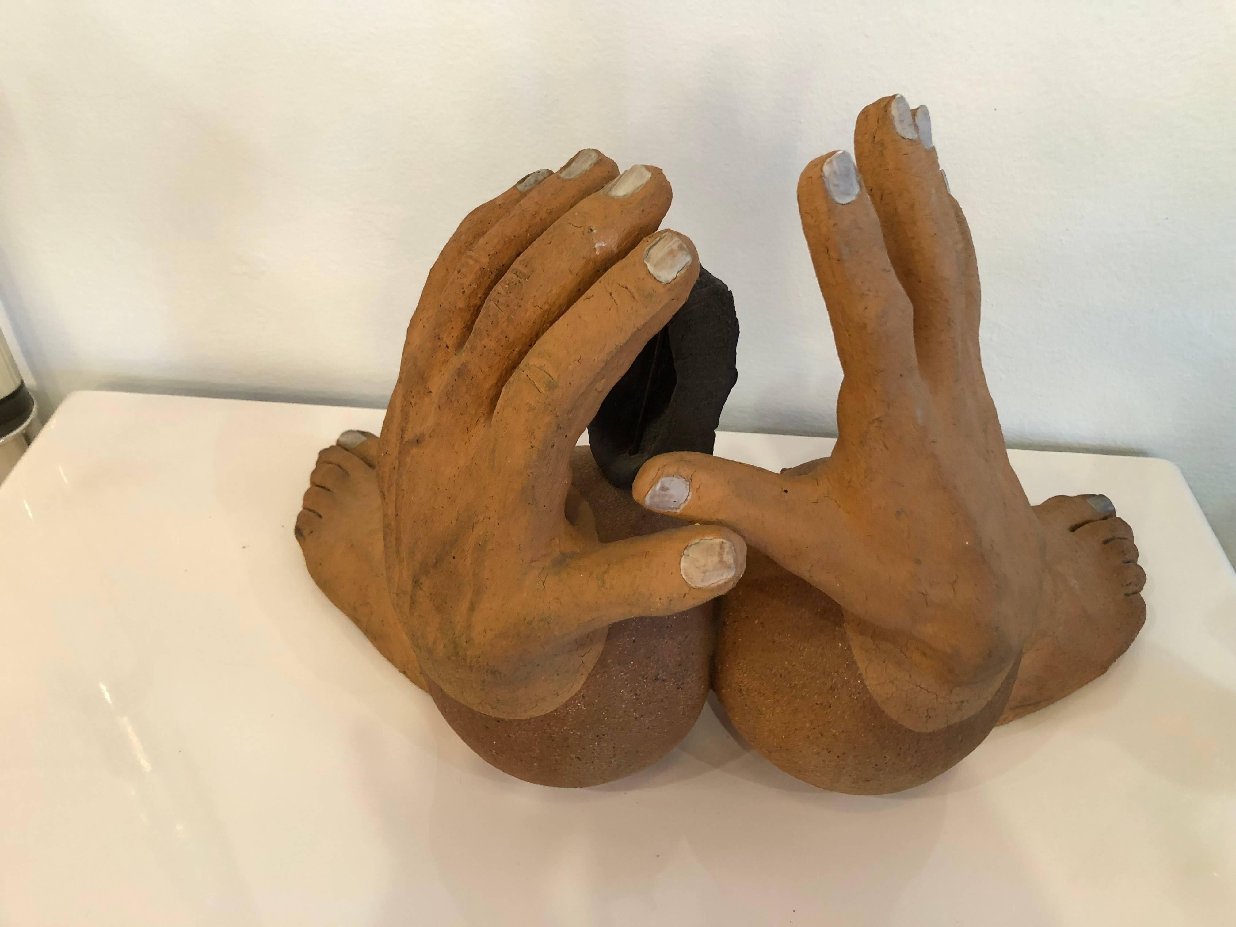 Signed Terra Cotta Hand Feet Foot Head Sculpture 1974  1
