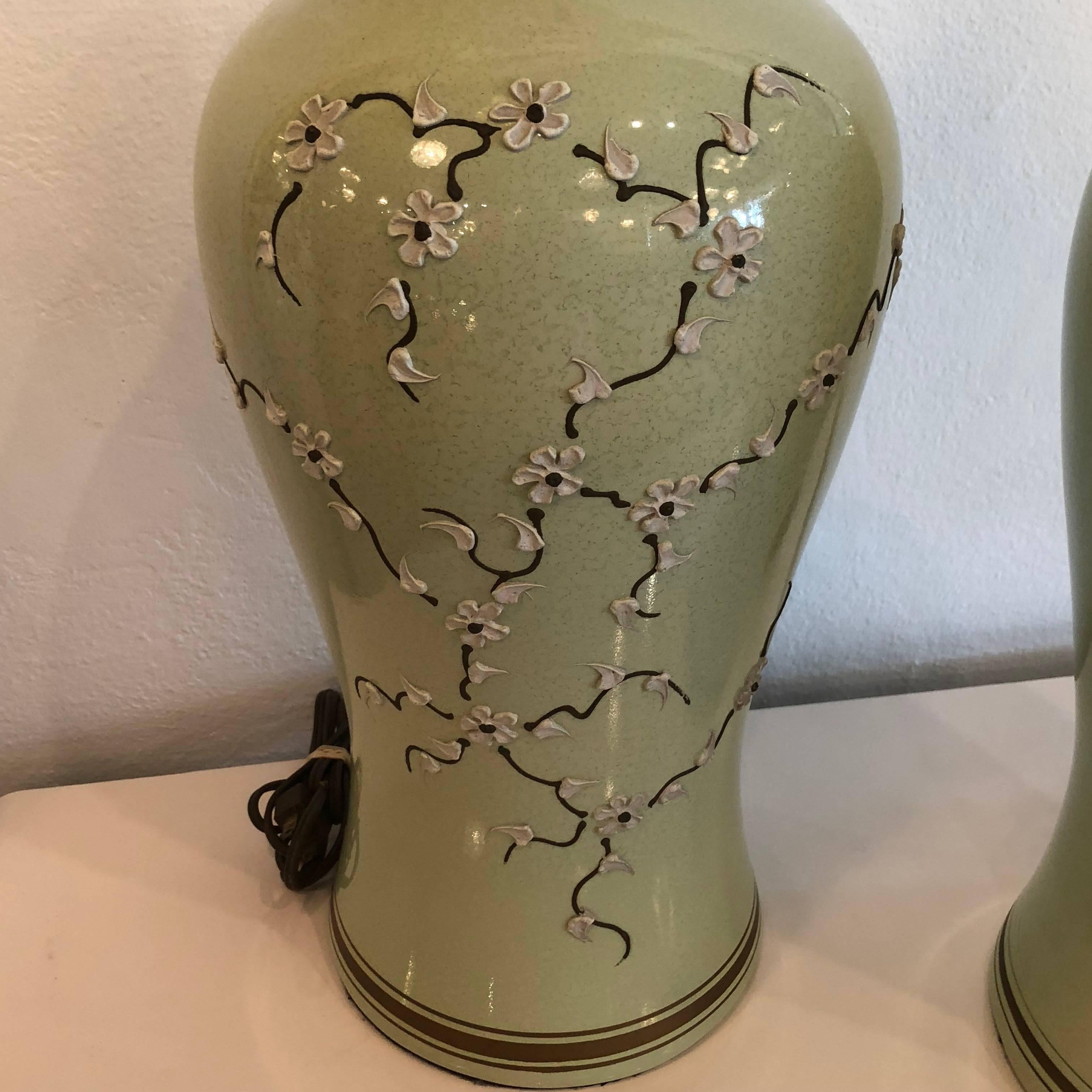 Pair Green Chinoiserie Ginger Jar Table Lamps Cherry Blossom Icing Flowers  2