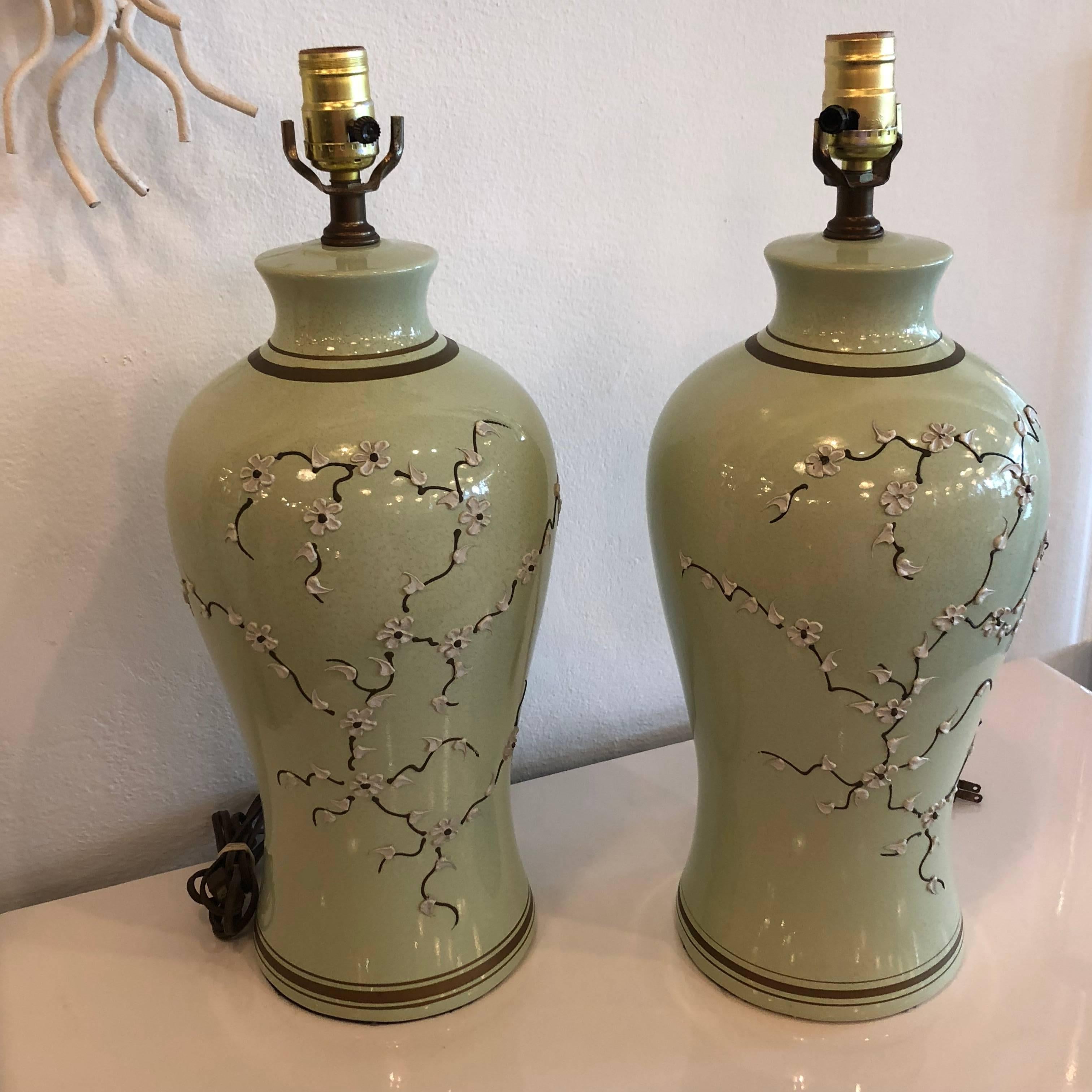 Ceramic Pair Green Chinoiserie Ginger Jar Table Lamps Cherry Blossom Icing Flowers 