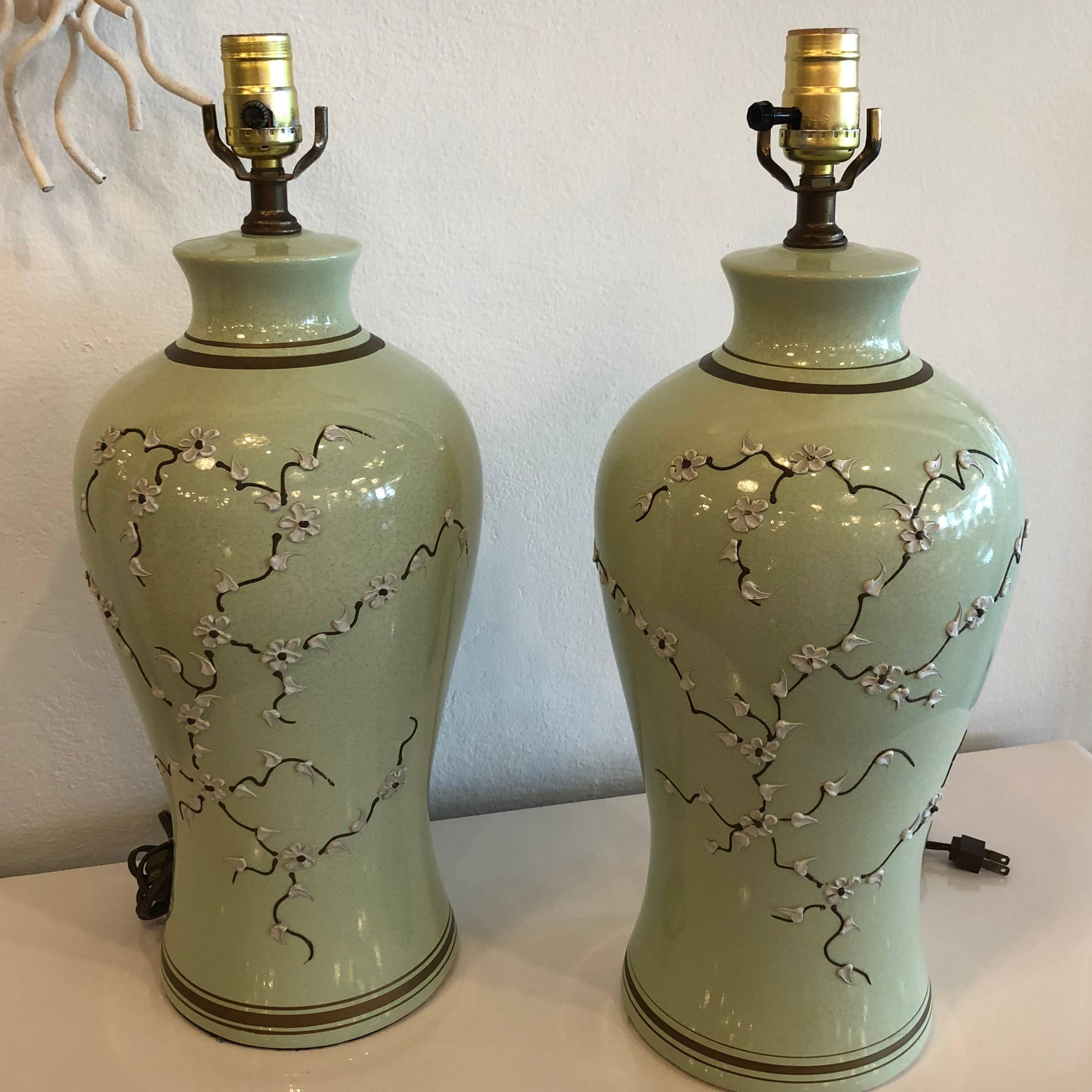 Pair Green Chinoiserie Ginger Jar Table Lamps Cherry Blossom Icing Flowers  3