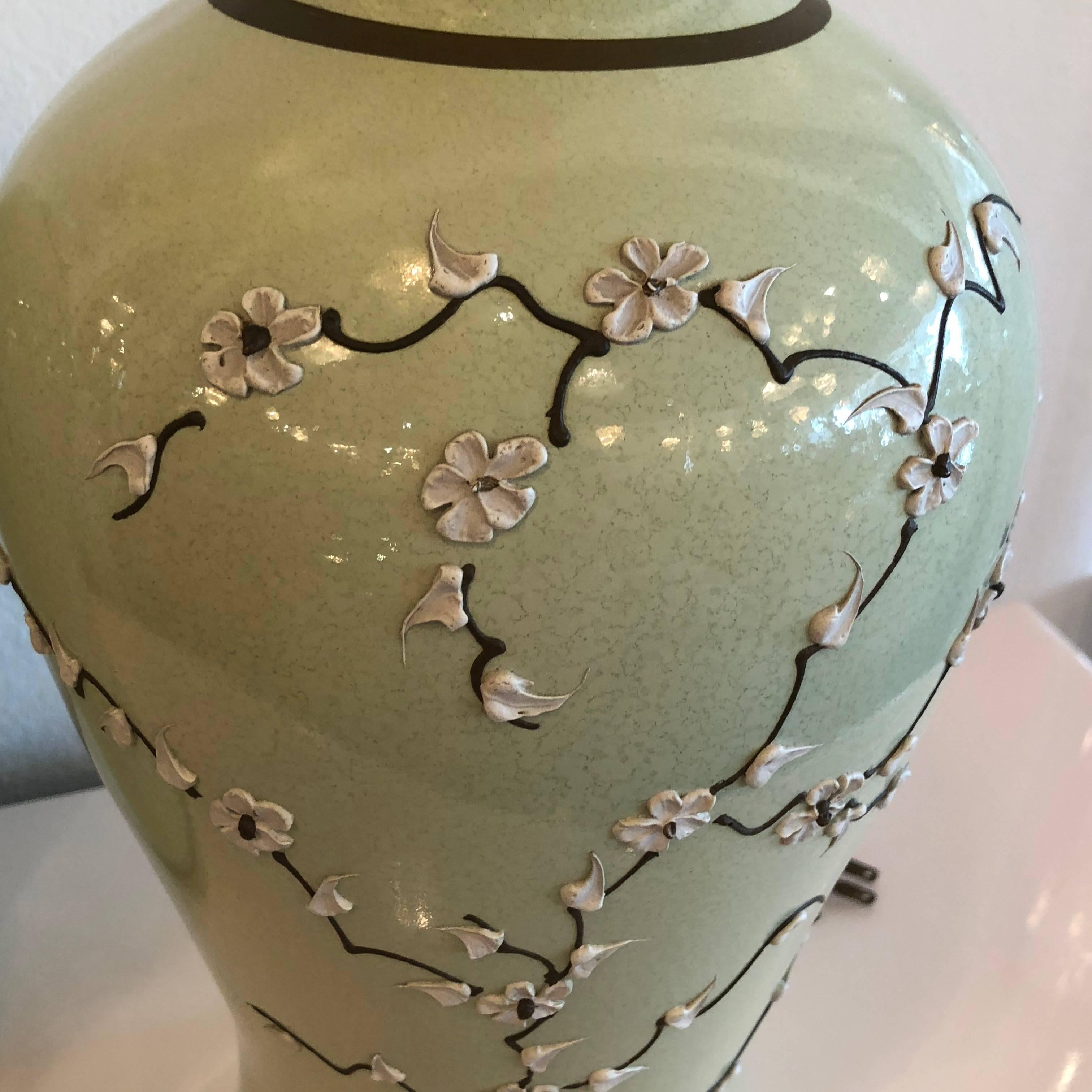 Pair Green Chinoiserie Ginger Jar Table Lamps Cherry Blossom Icing Flowers  In Excellent Condition In West Palm Beach, FL