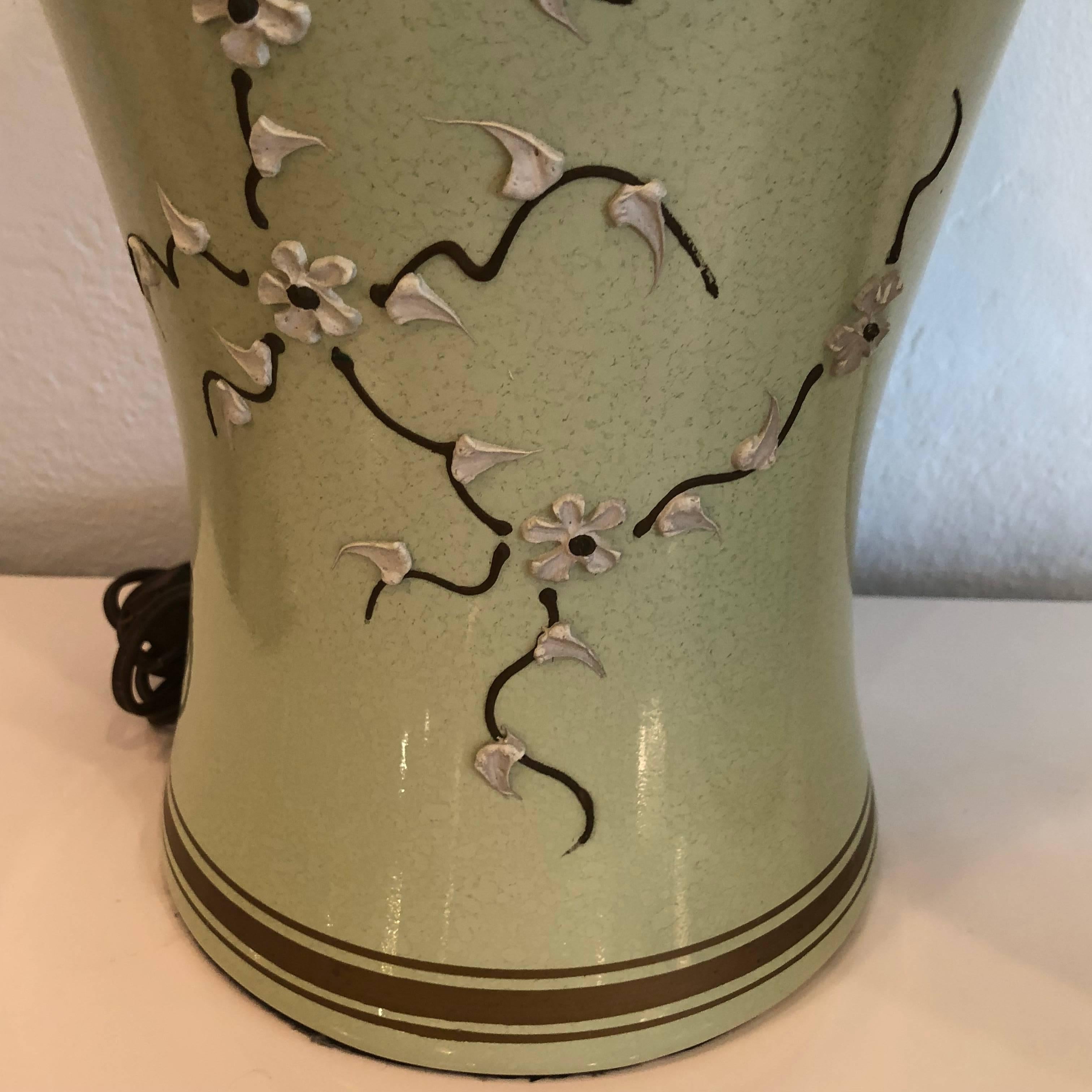 Pair Green Chinoiserie Ginger Jar Table Lamps Cherry Blossom Icing Flowers  1