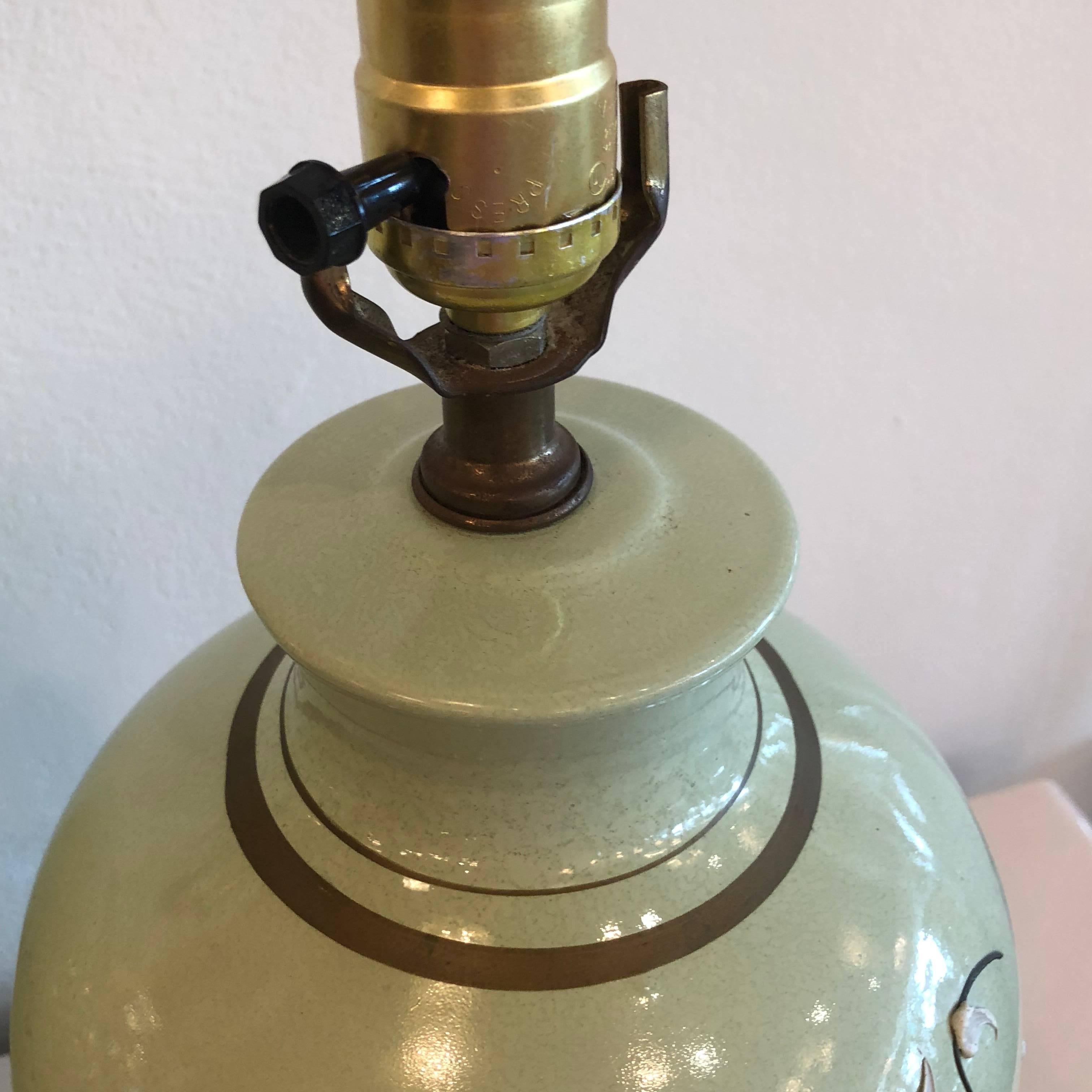 Late 20th Century Pair Green Chinoiserie Ginger Jar Table Lamps Cherry Blossom Icing Flowers