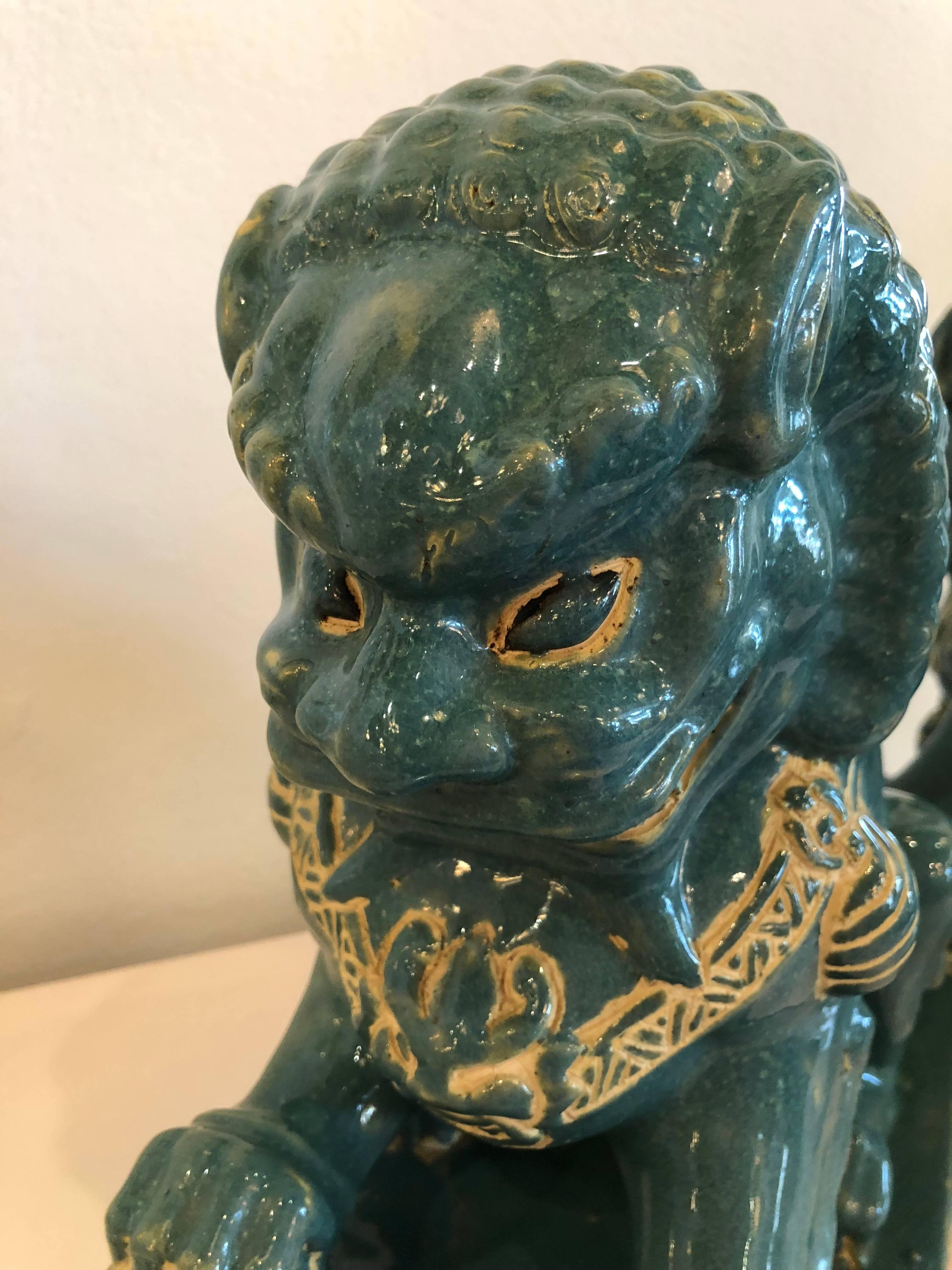Pair vintage Teal Foo Dogs Hollywood Regency Chinoiserie For Sale 2
