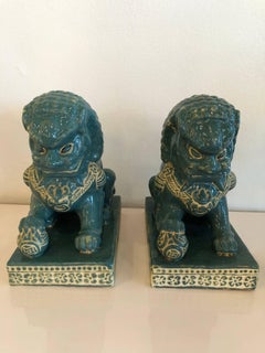 Pair vintage Teal Foo Dogs Hollywood Regency Chinoiserie