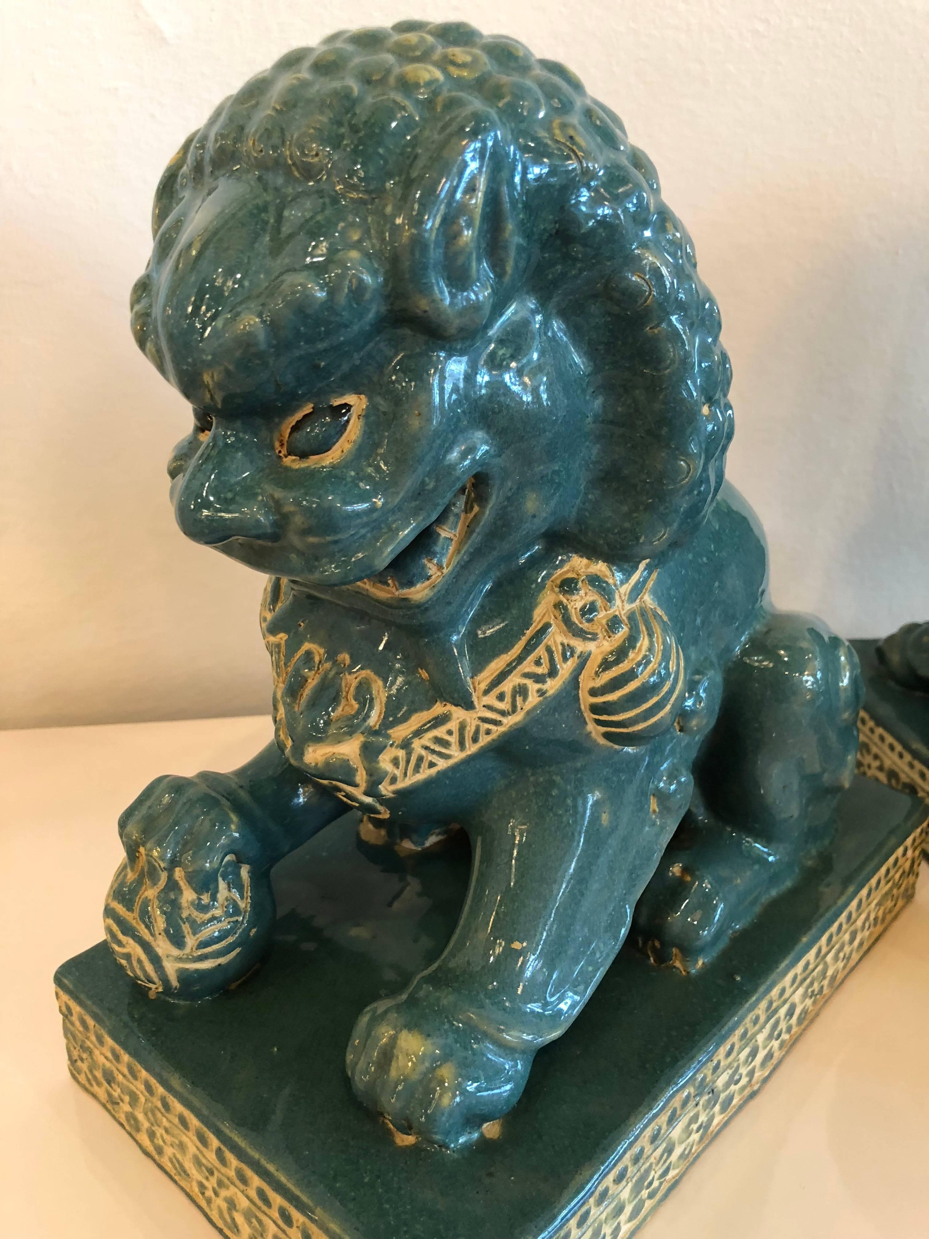 Pair vintage Teal Foo Dogs Hollywood Regency Chinoiserie For Sale 3