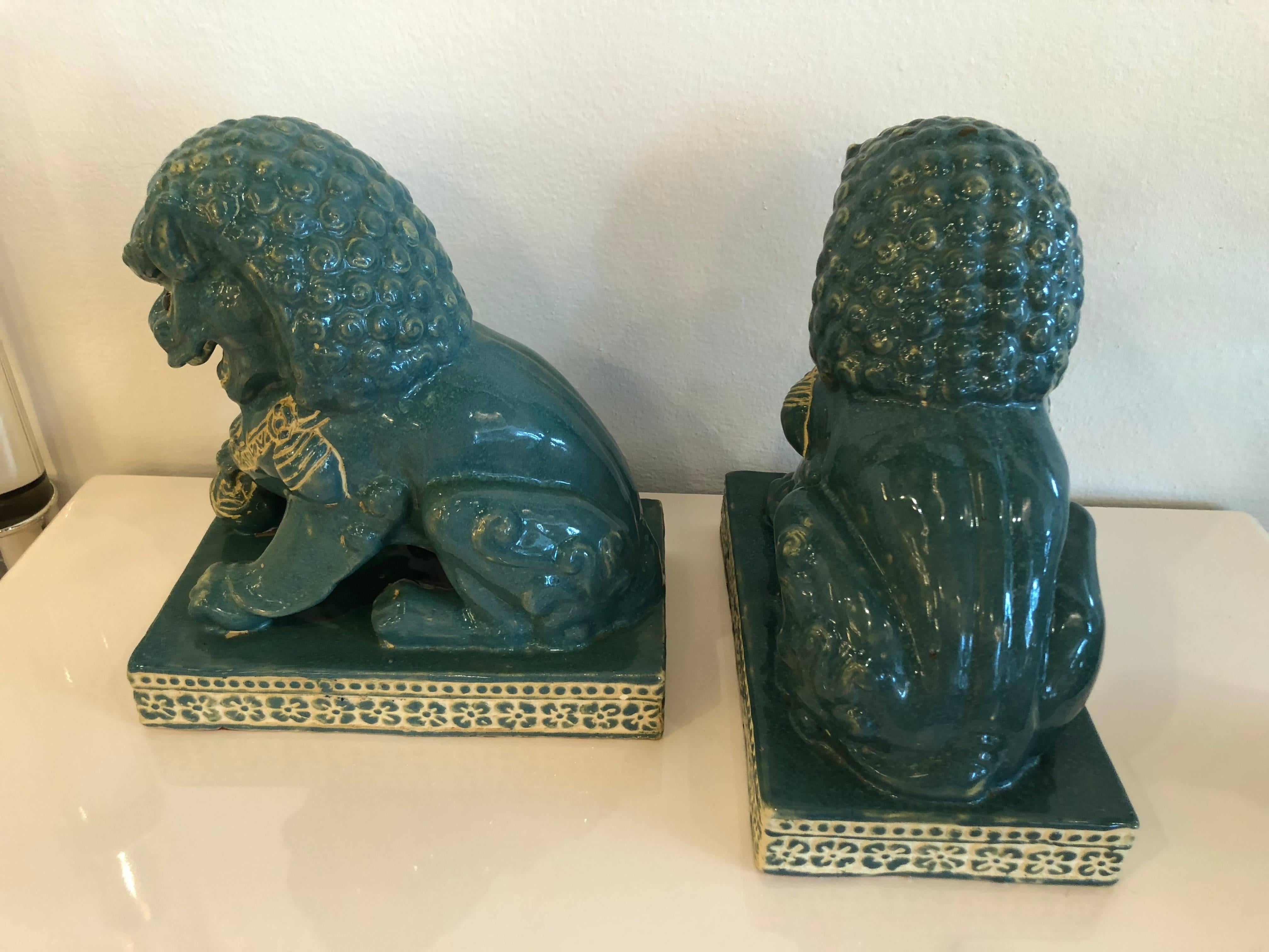 Pair vintage Teal Foo Dogs Hollywood Regency Chinoiserie For Sale 1
