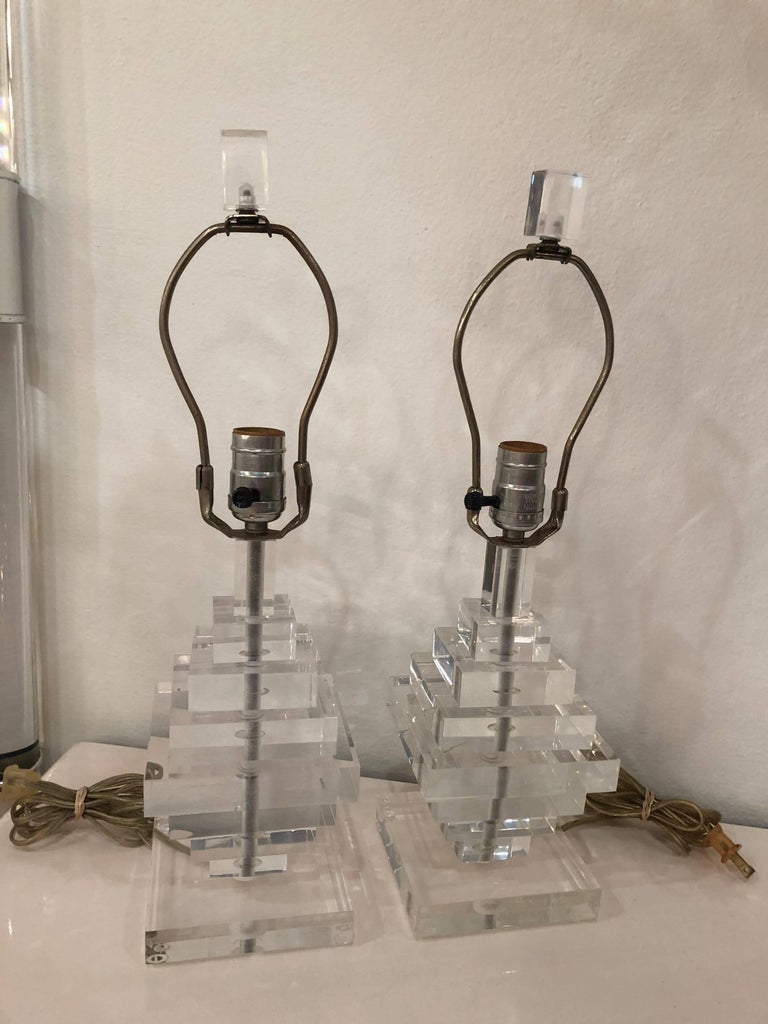 Pair of Vintage Lucite Table Lamps Geometric Stacked at 1stDibs