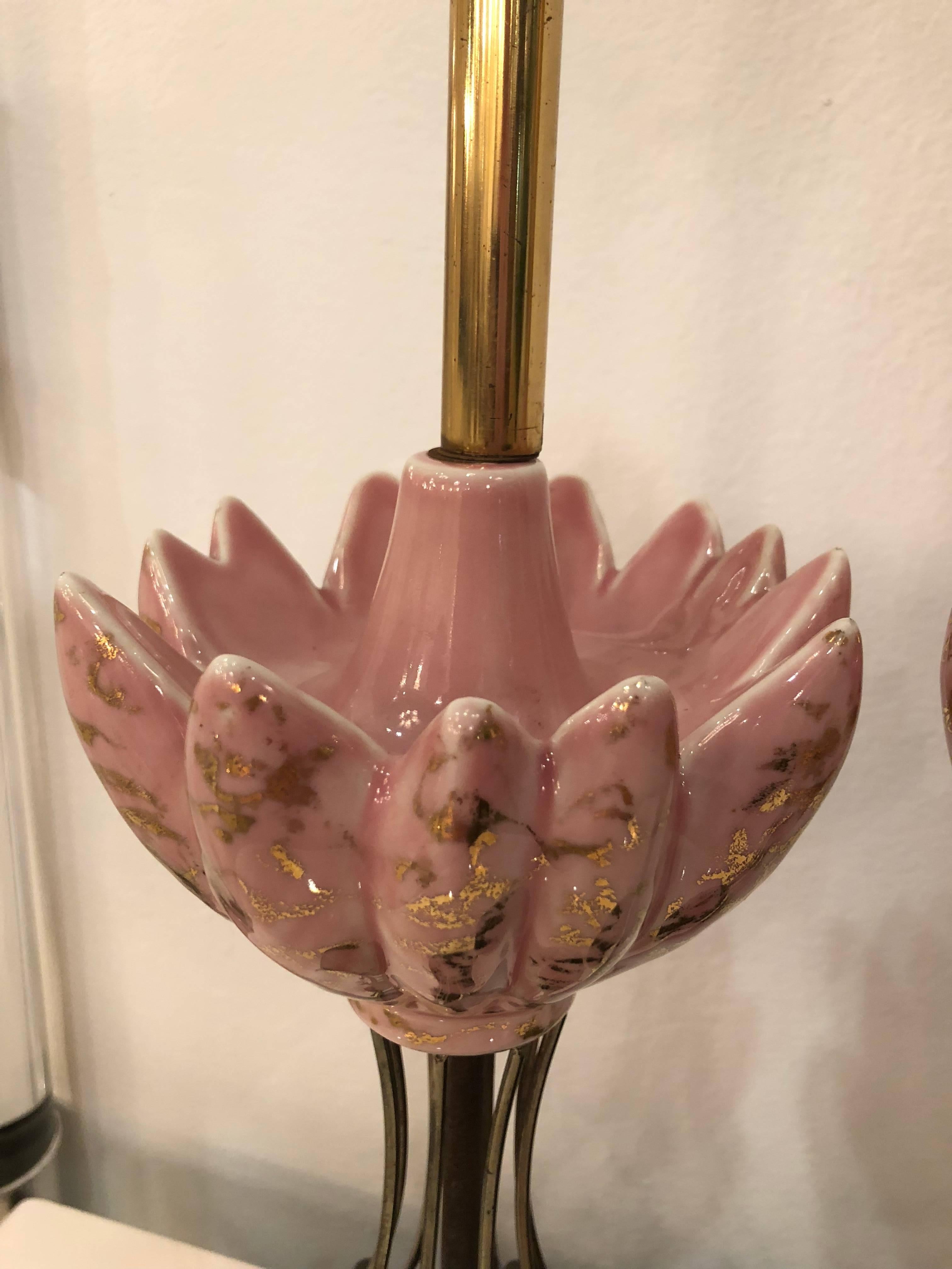 American Pair of Art Deco Pink and Brass Table Lamps Vintage Hollywood Regency For Sale