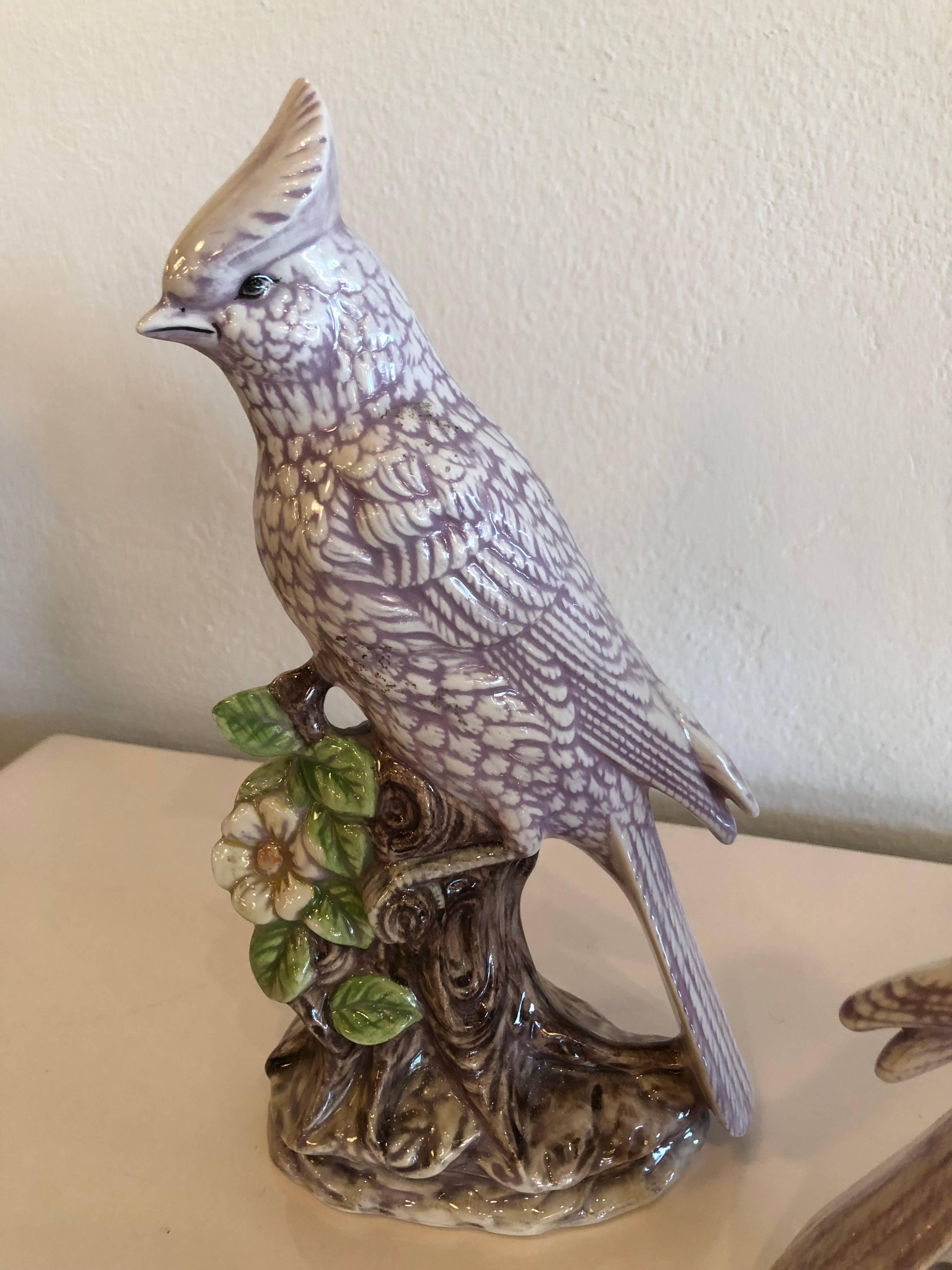 Hollywood Regency Pair of Vintage Tropical Lavender Parrots Cockatoo Birds Italian Signed