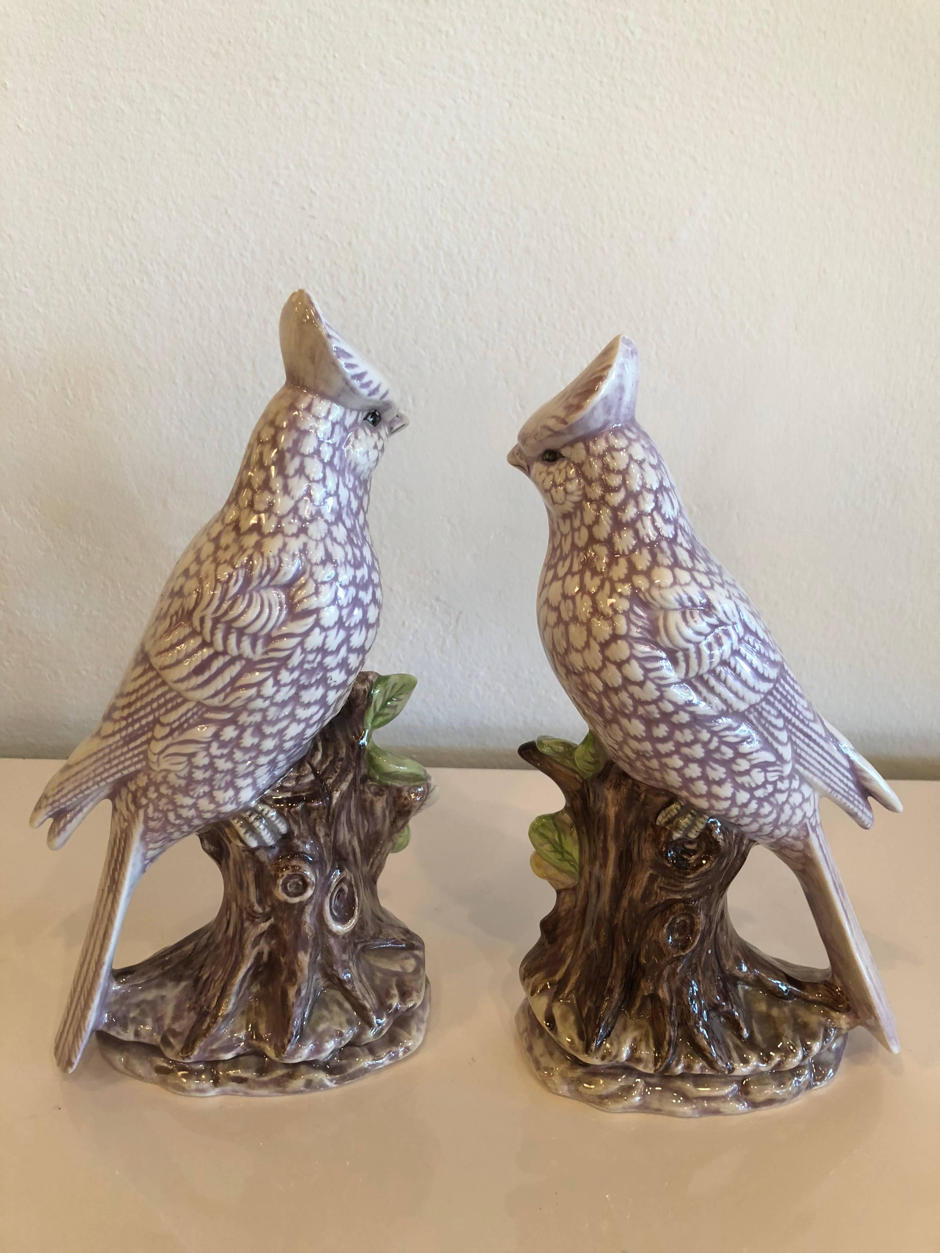 Pair of Vintage Tropical Lavender Parrots Cockatoo Birds Italian Signed 1