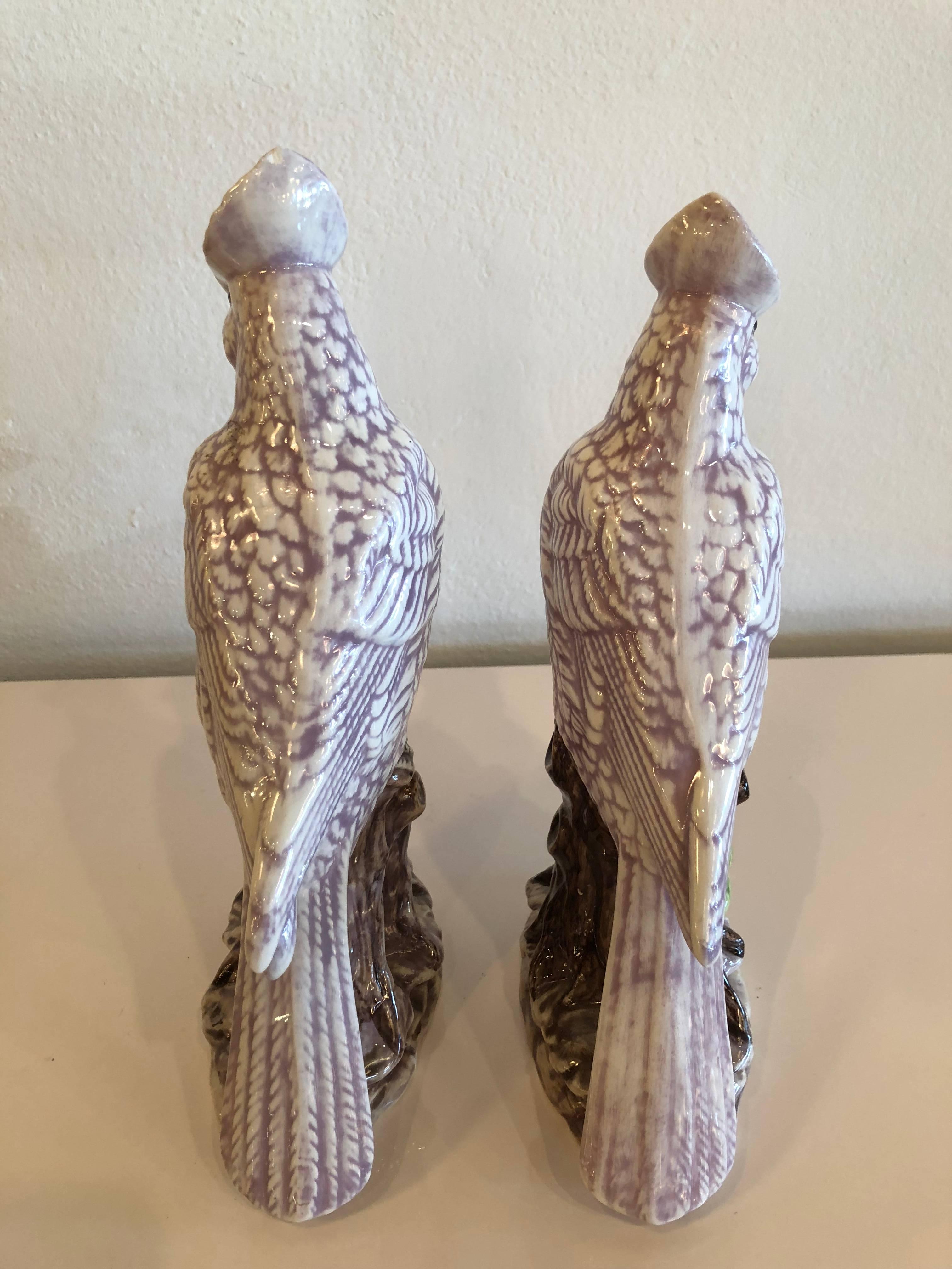 Ceramic Pair of Vintage Tropical Lavender Parrots Cockatoo Birds Italian Signed