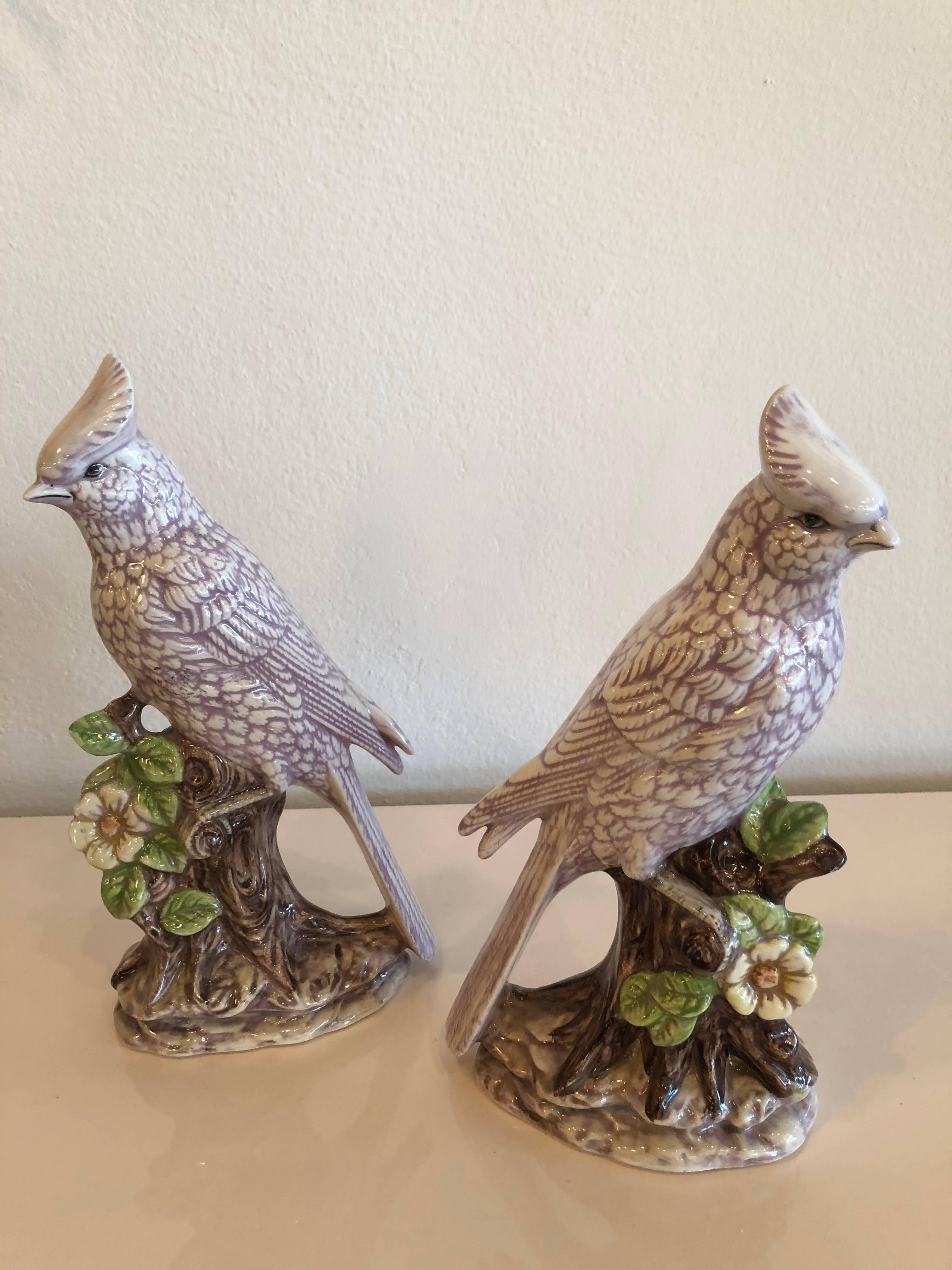Vintage pair of cockatoo parrot tropical birds, Italian. Signed Notella. No chips or breaks. Pretty lavender color.
 