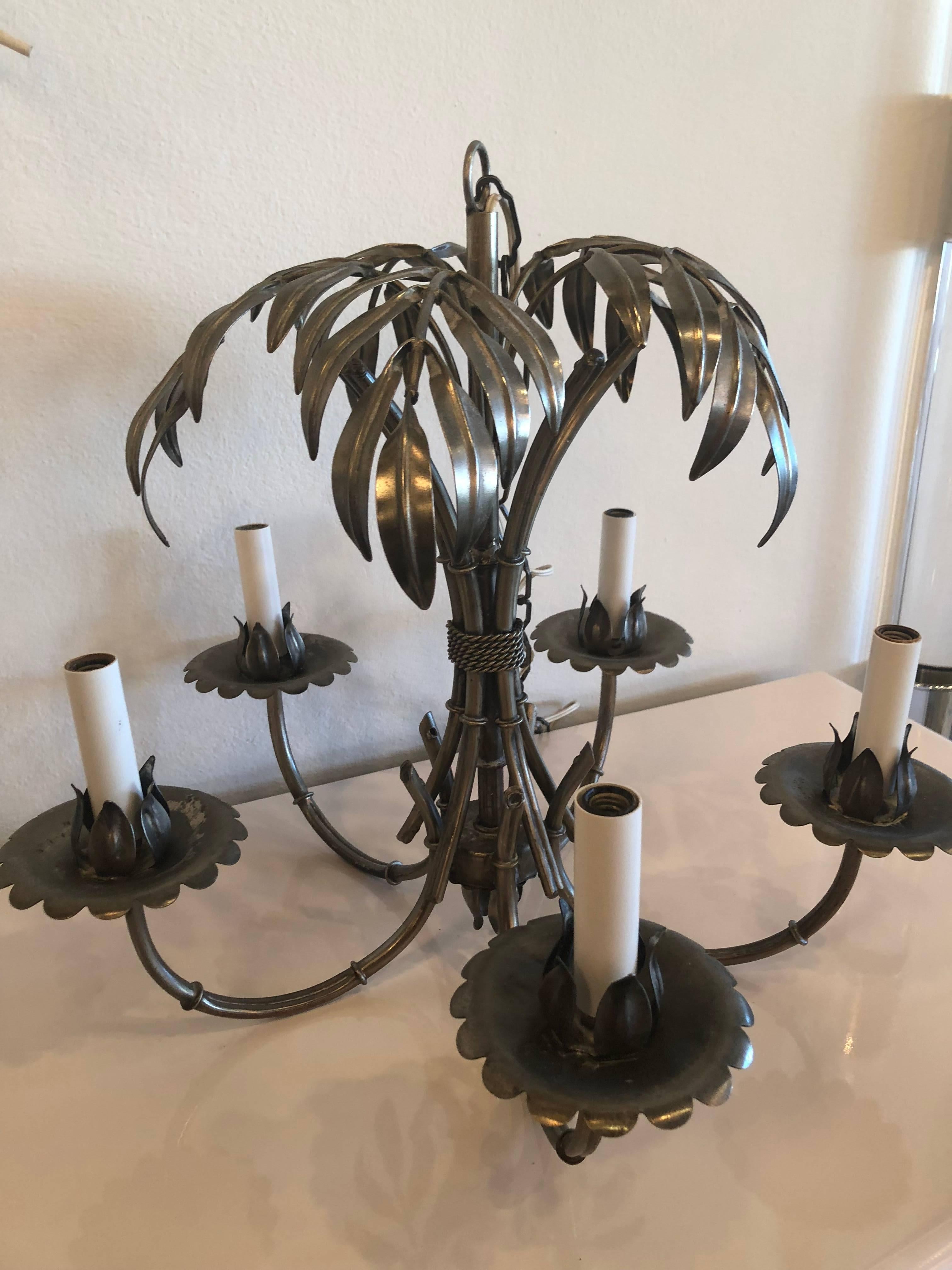 Vintage faux bamboo palm tree chandelier, silver metal.
Five-arm, silver chain included.