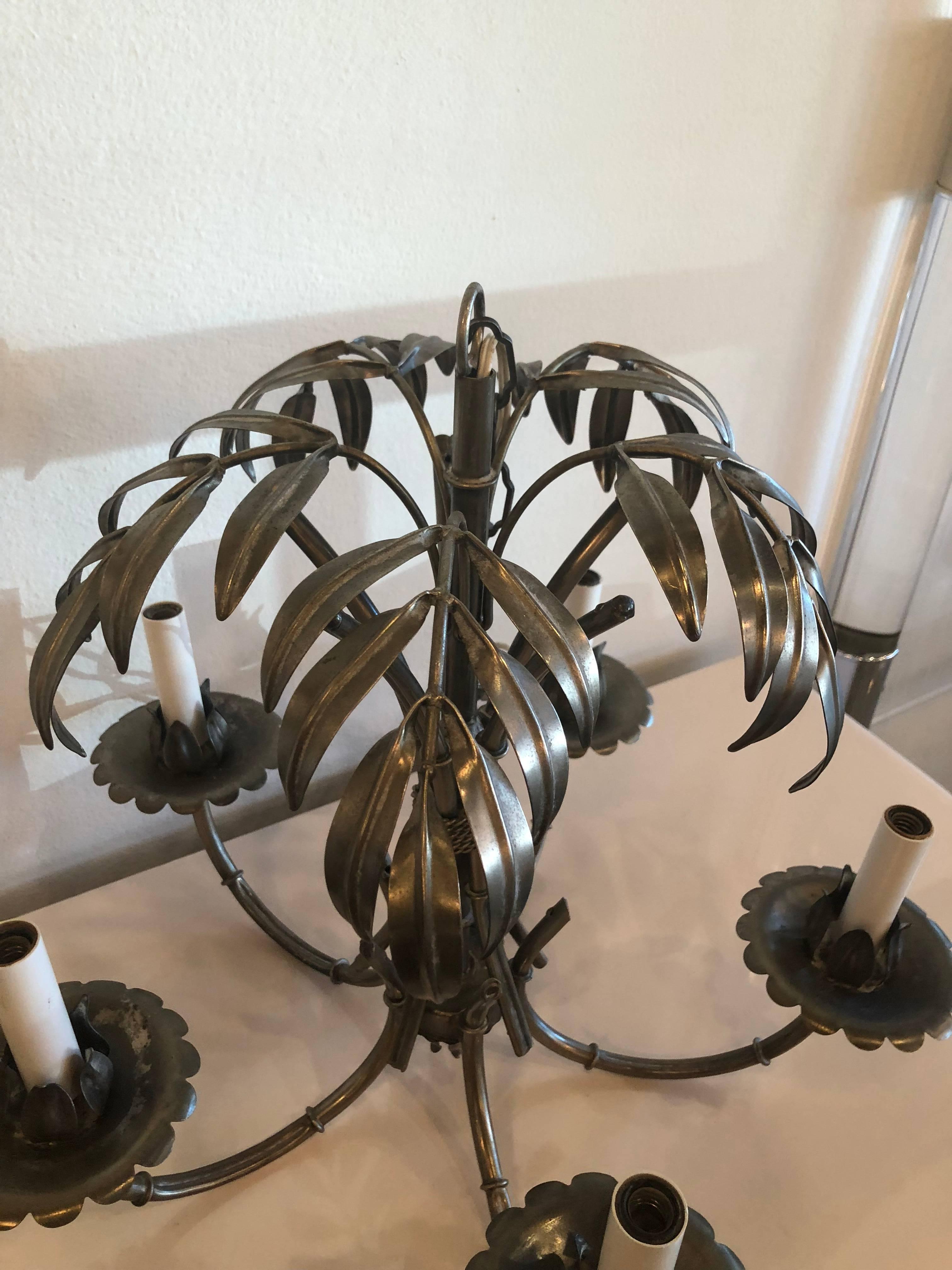 Vintage Palm Tree Leaf Frond Chandelier Silver Metal Faux Bamboo Palm Beach 3