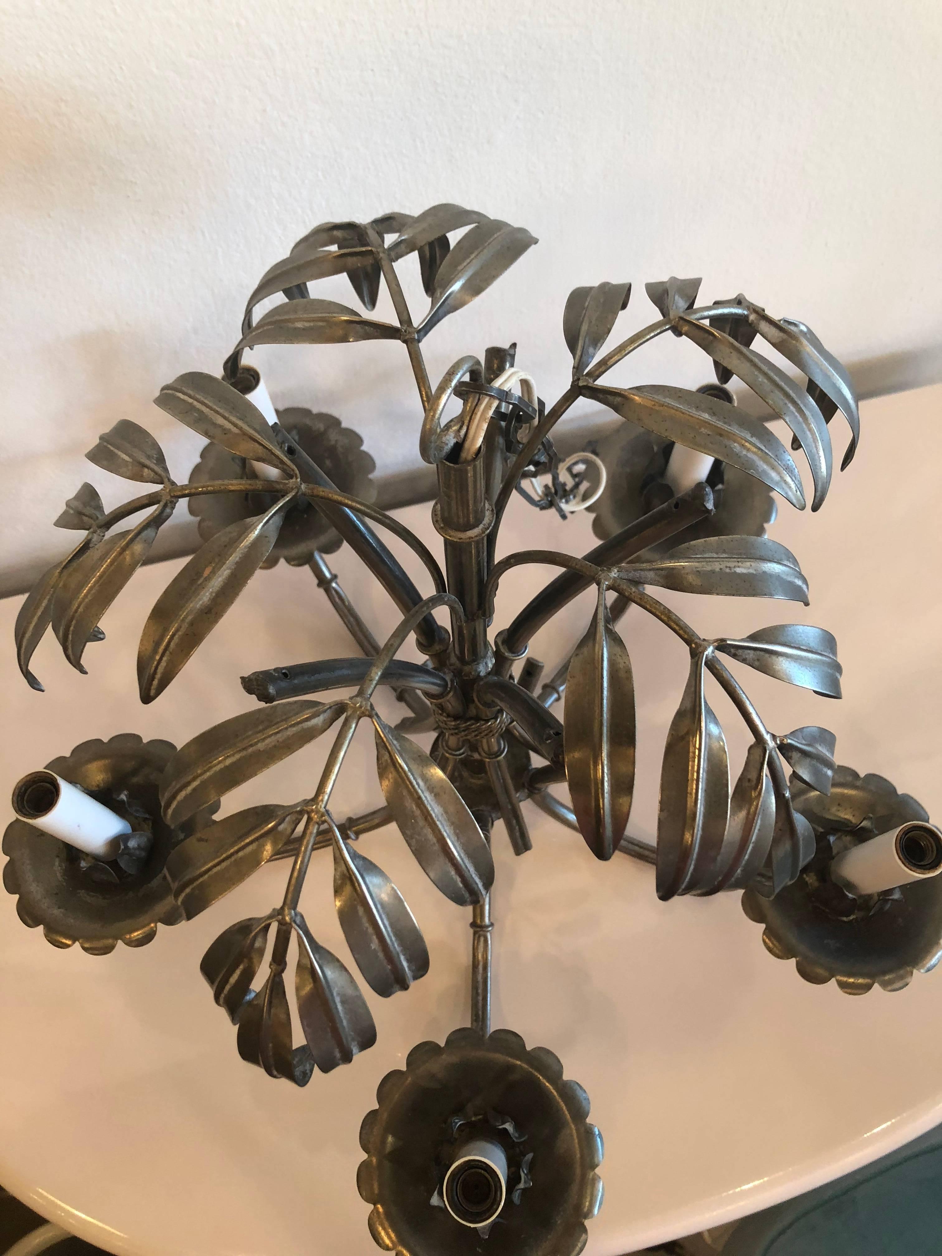 Vintage Palm Tree Leaf Frond Chandelier Silver Metal Faux Bamboo Palm Beach In Good Condition In West Palm Beach, FL