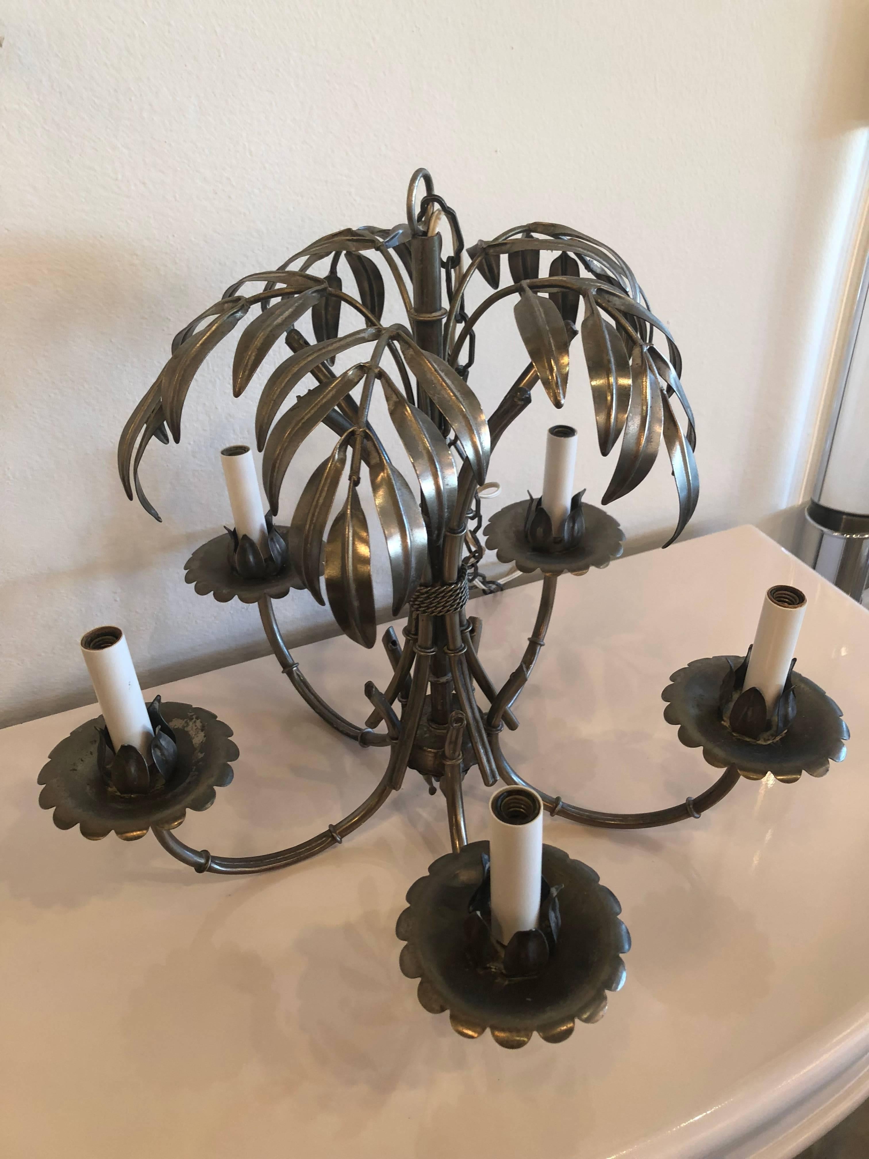 American Vintage Palm Tree Leaf Frond Chandelier Silver Metal Faux Bamboo Palm Beach