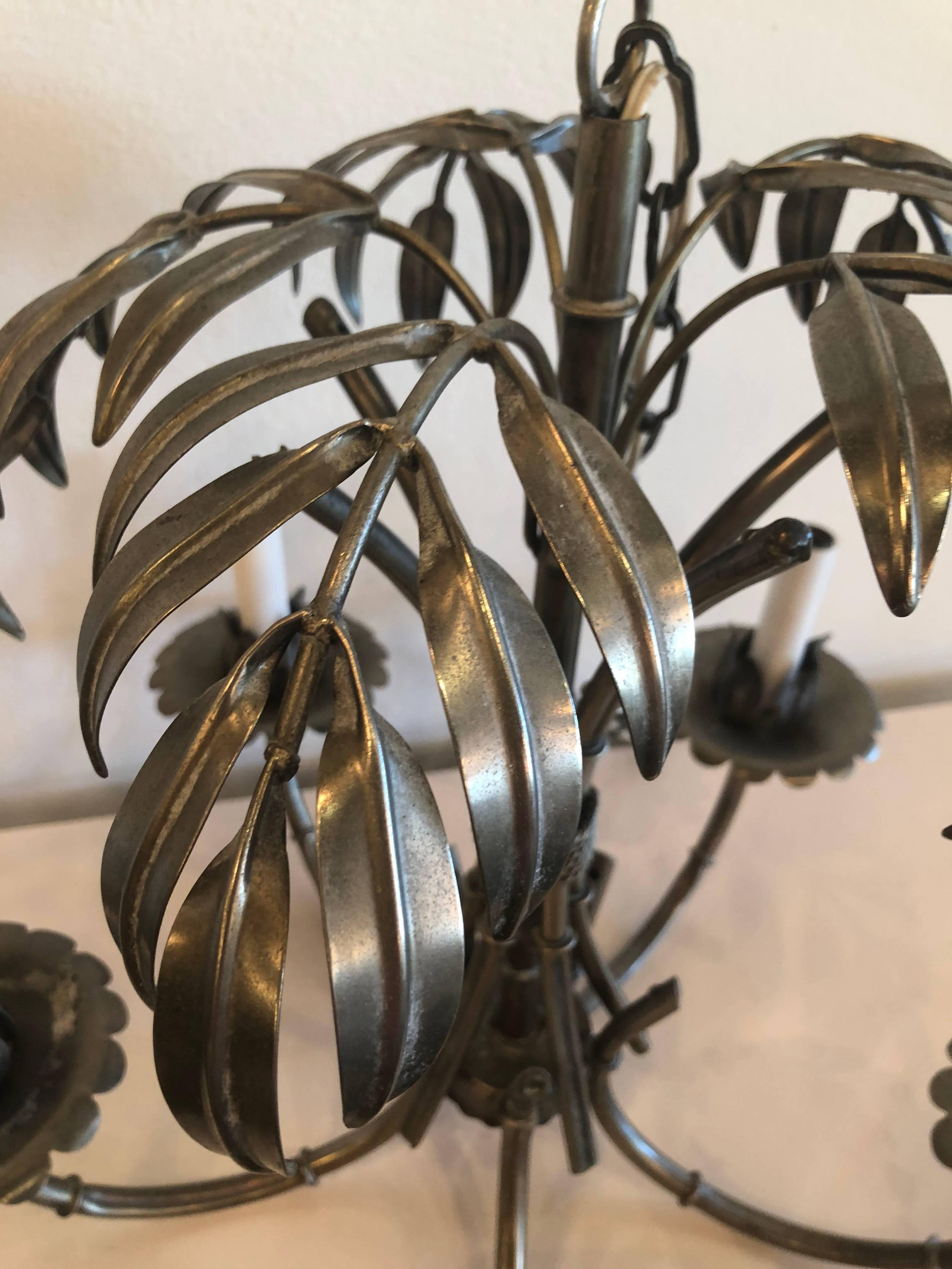 Late 20th Century Vintage Palm Tree Leaf Frond Chandelier Silver Metal Faux Bamboo Palm Beach