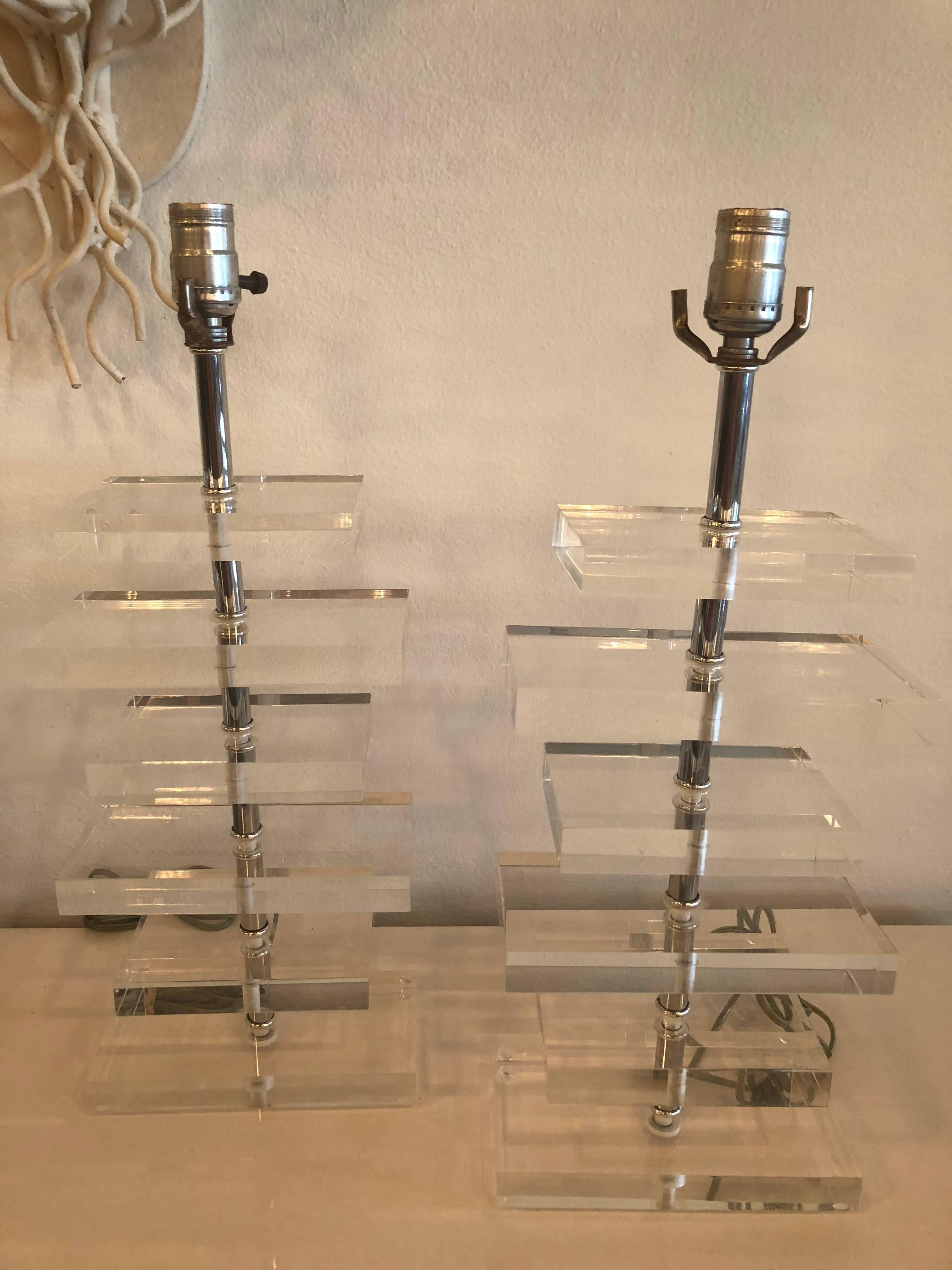 Vintage Pair of Stacked Lucite and Chrome Table Lamps, Signed Marla For Sale 2
