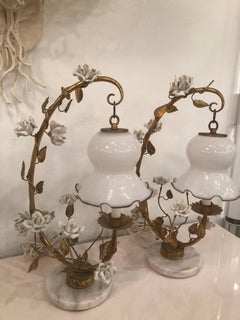 Pair of White Rose and Gold Gilt Italian Tole Table Lamps Lanterns