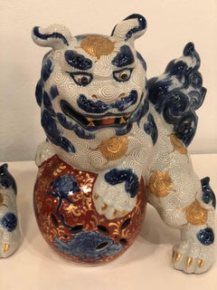 Vintage Pair of Chinoiserie Blue and White Foo Dogs