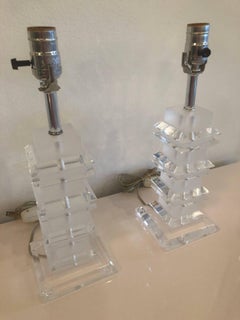 Vintage Pair of Clear and Frosted Lucite Pagoda Table Lamps