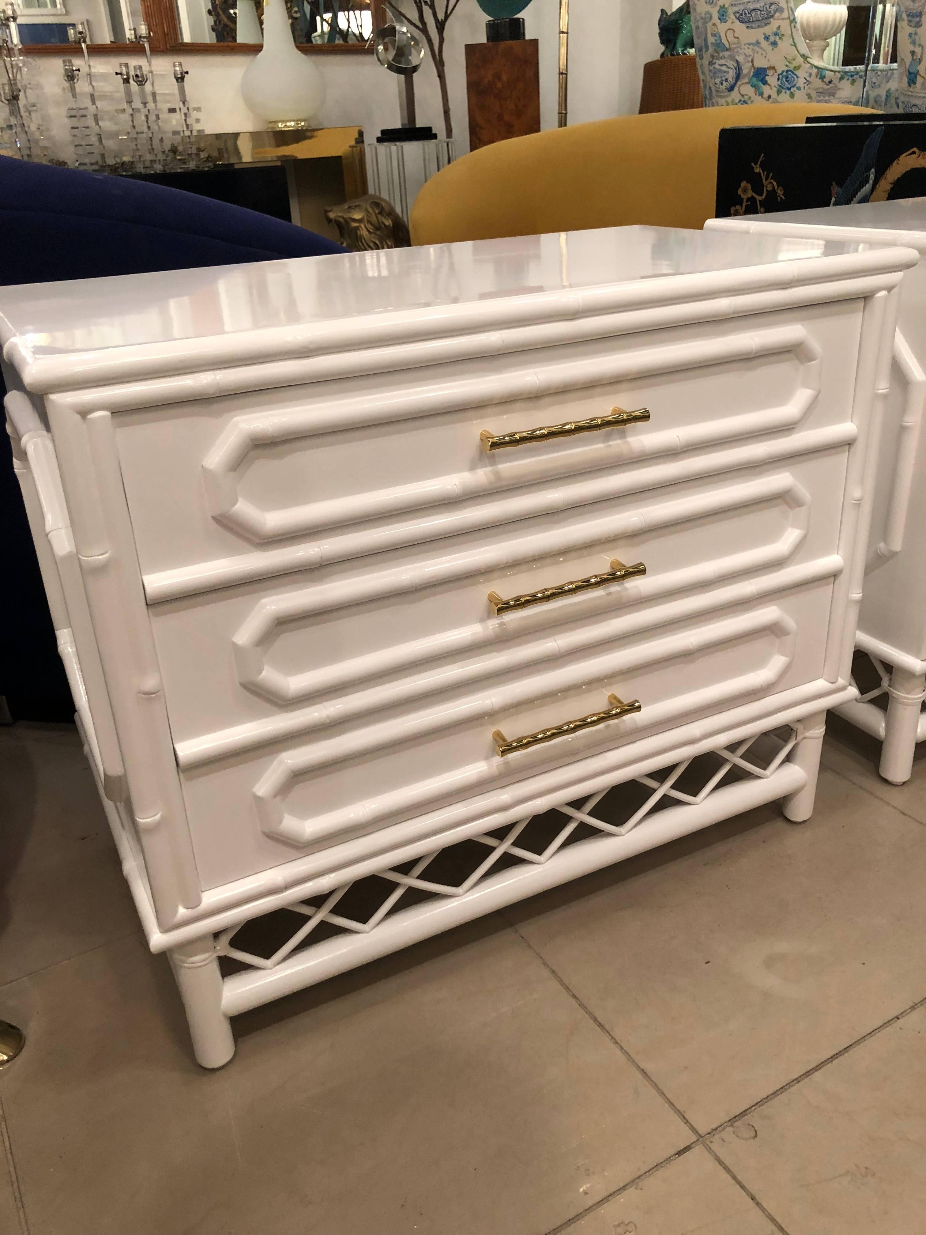 American White Lacquered Pair Faux Bamboo Chests Nightstands Chinese Chippendale Brass