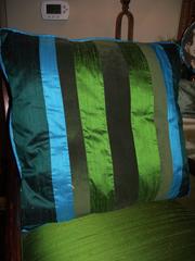 Throw Pillow out of Turquoise (blue) , and Green Silk and Velvet Button Down Tab