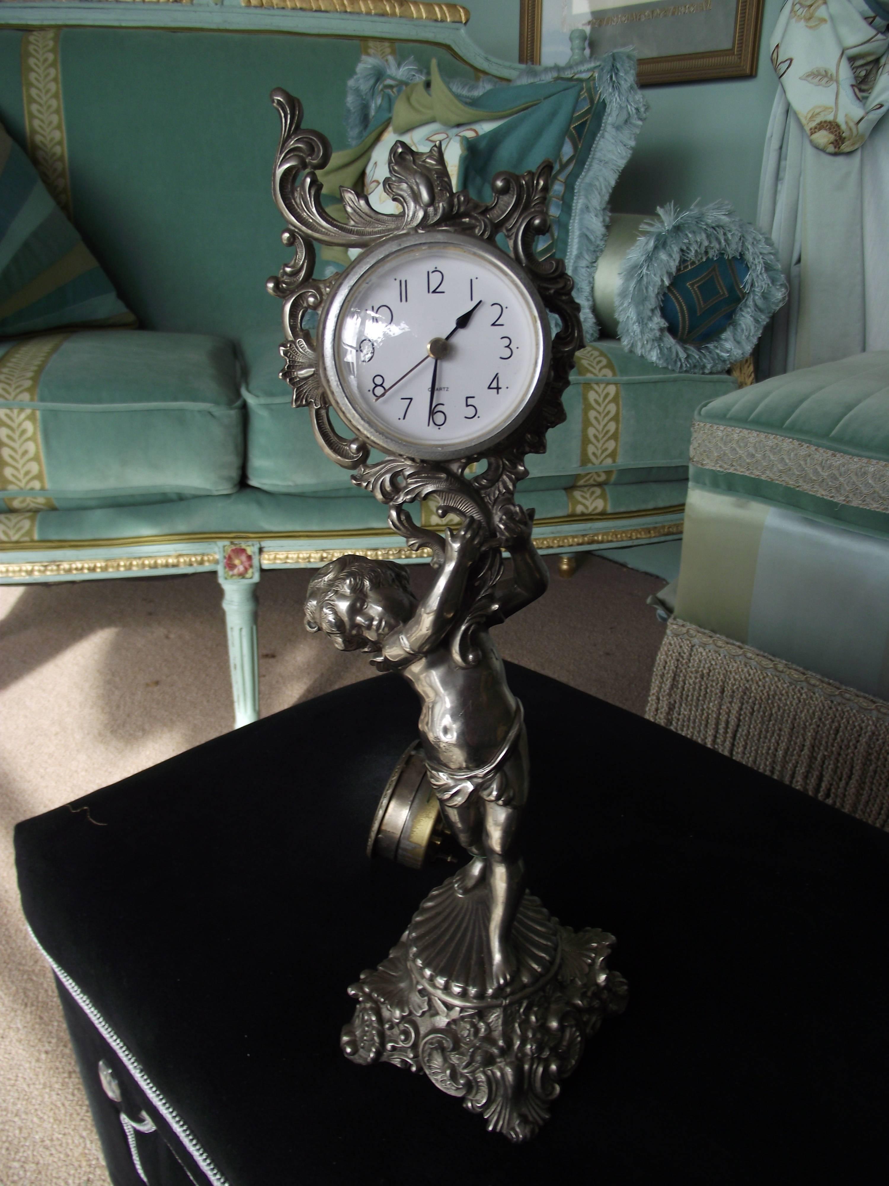 Early 20th Century Antique Silver Plated Cherub Clock, Desk Accessory, Valentine gift For Sale