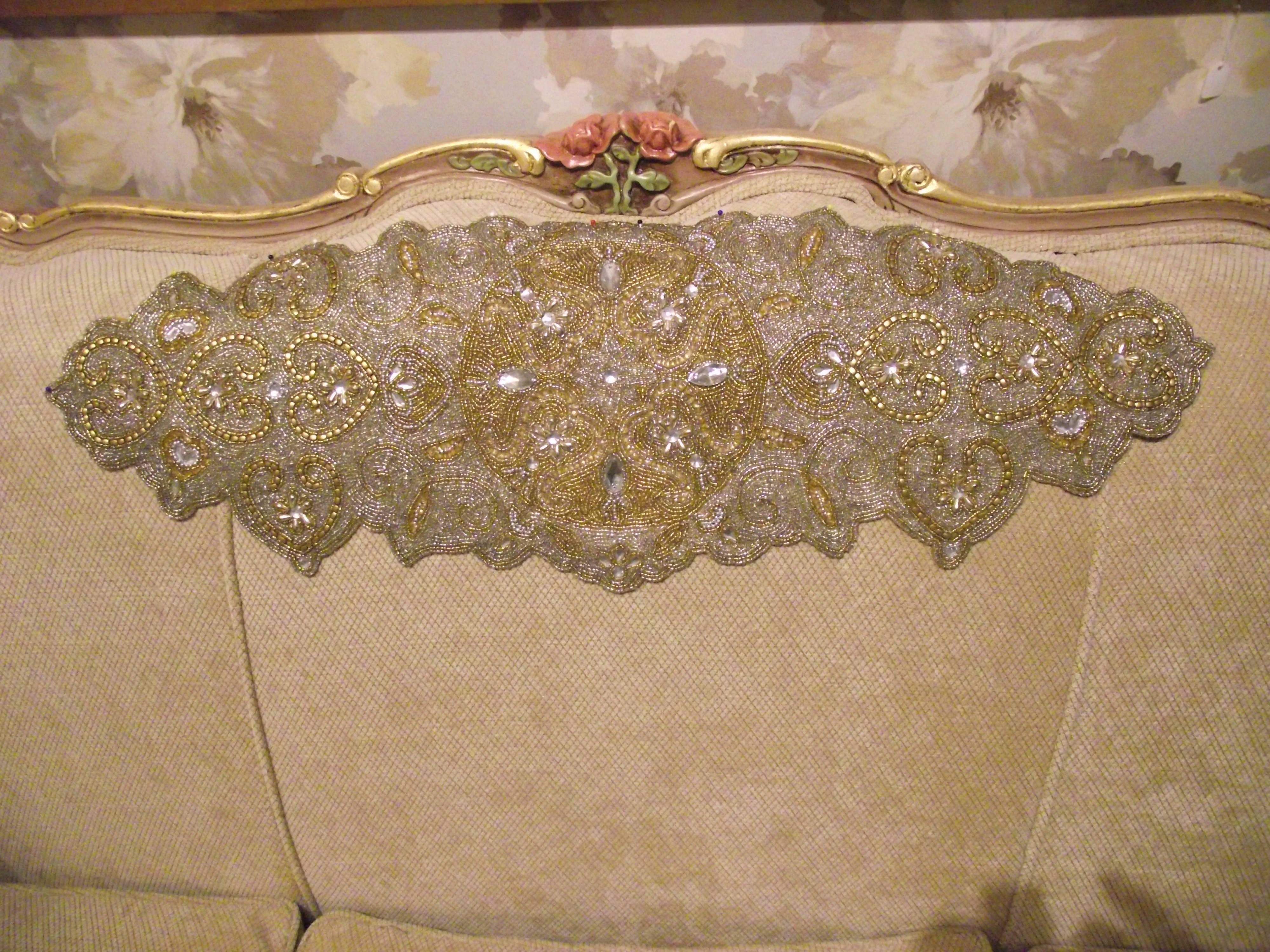 American Napoleon III,  French Style Sofa, in beige chenille, frame has gold leaf accents For Sale