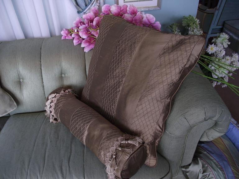 Bolster Pillow in Dark Gold Silk/ Round Bolster Pillow w/ double tassel trim at 1stDibs