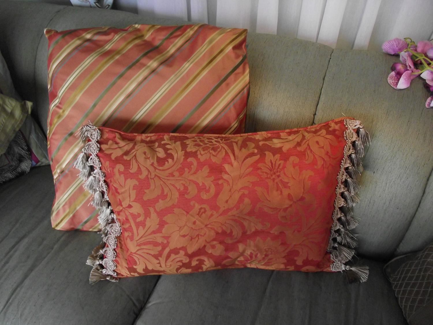 Bolster Pillow in Tangerine (orange) and Gold Brocade with double