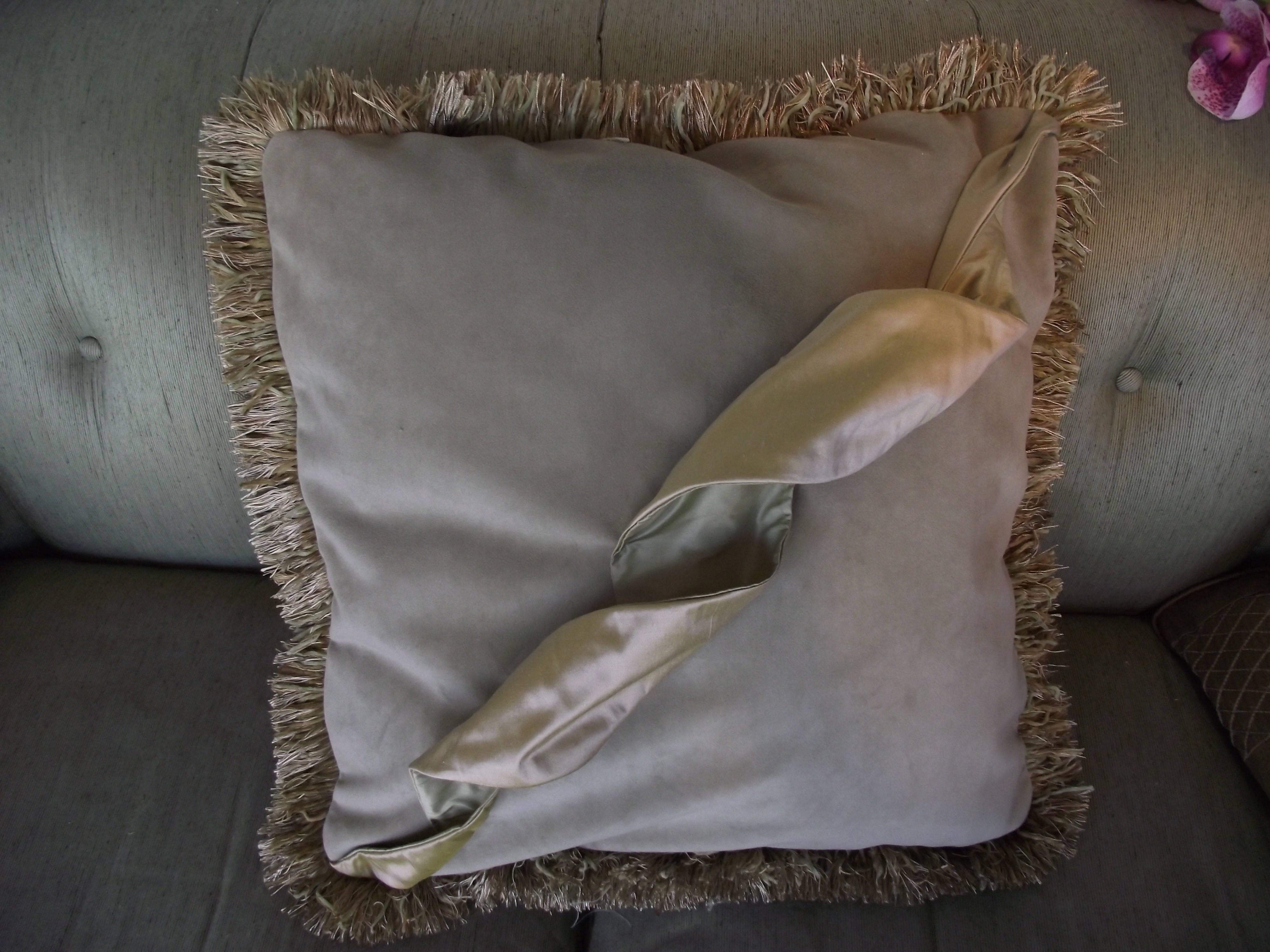 This original designed pillow is made with 100,000 double rub pale sage velvet. 

The Squiggle design is made with two shades of silk. It is attached at strategic points and is wired to be reshaped into its original three dimensional shape when