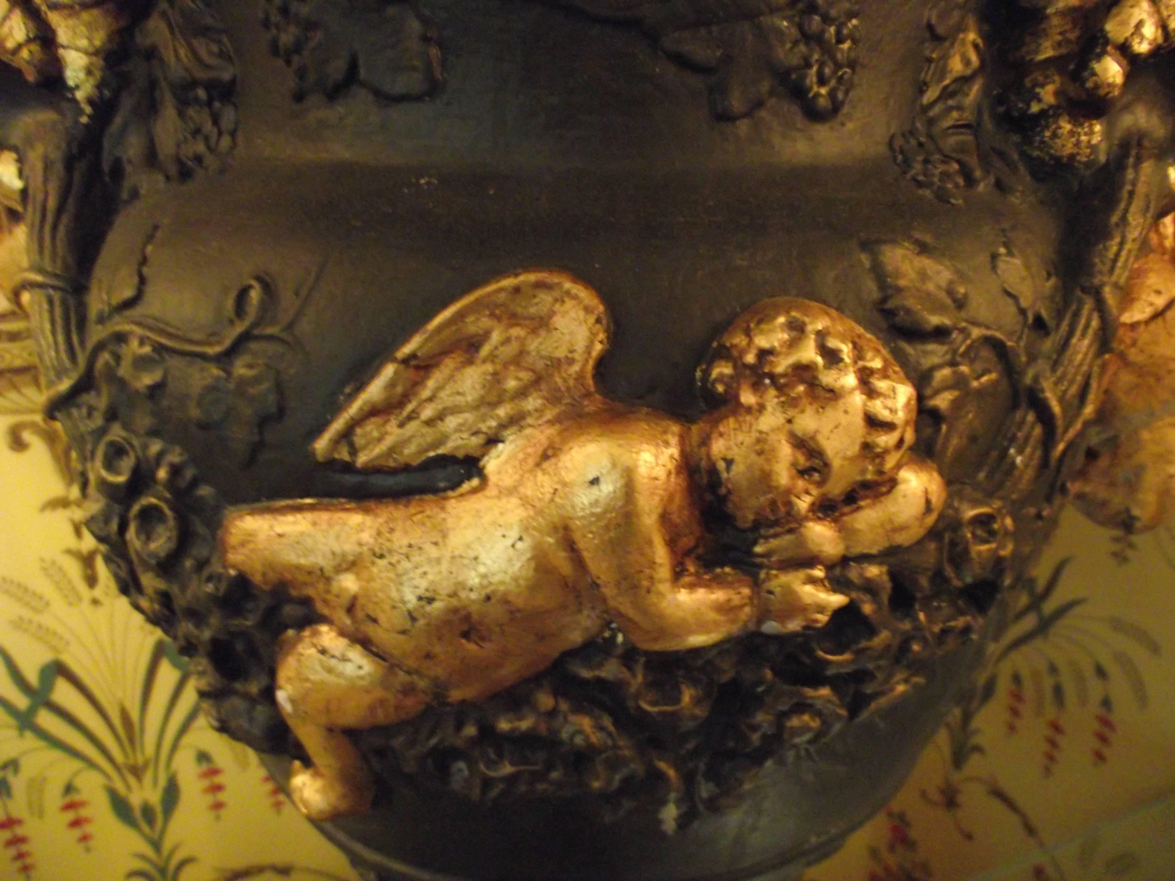 Rococo Large Ram's Head and Cherub Urn in Brown/Black and Gold Leaf Finish