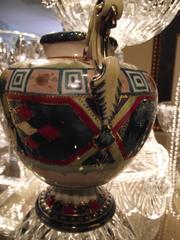 Antique Urn/ Vase Hand Painted  in Teal 'Blue', Pink, Sage 'Green' and Gold