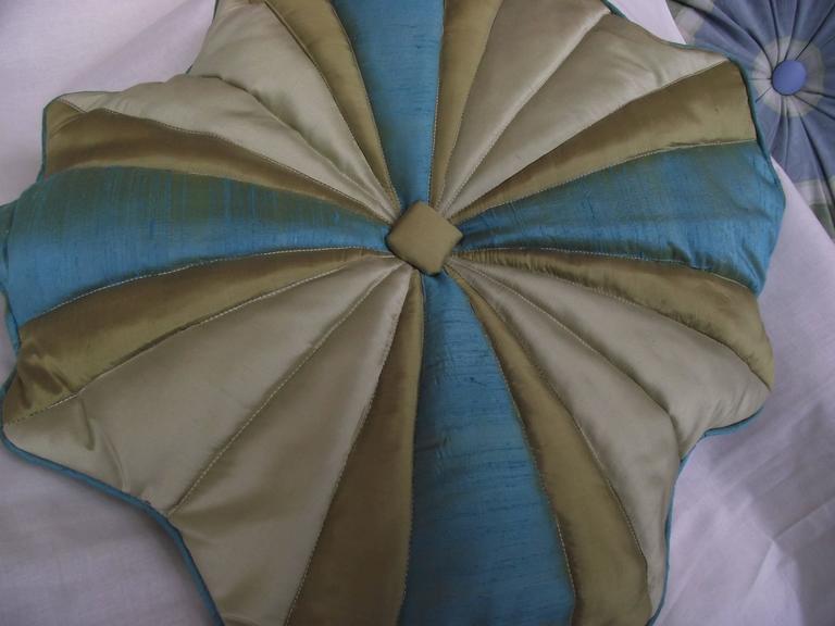 Throw Pillow/Unusual Turquoise Blue and Gold Silk, Quilted Flower Design For Sale at 1stdibs