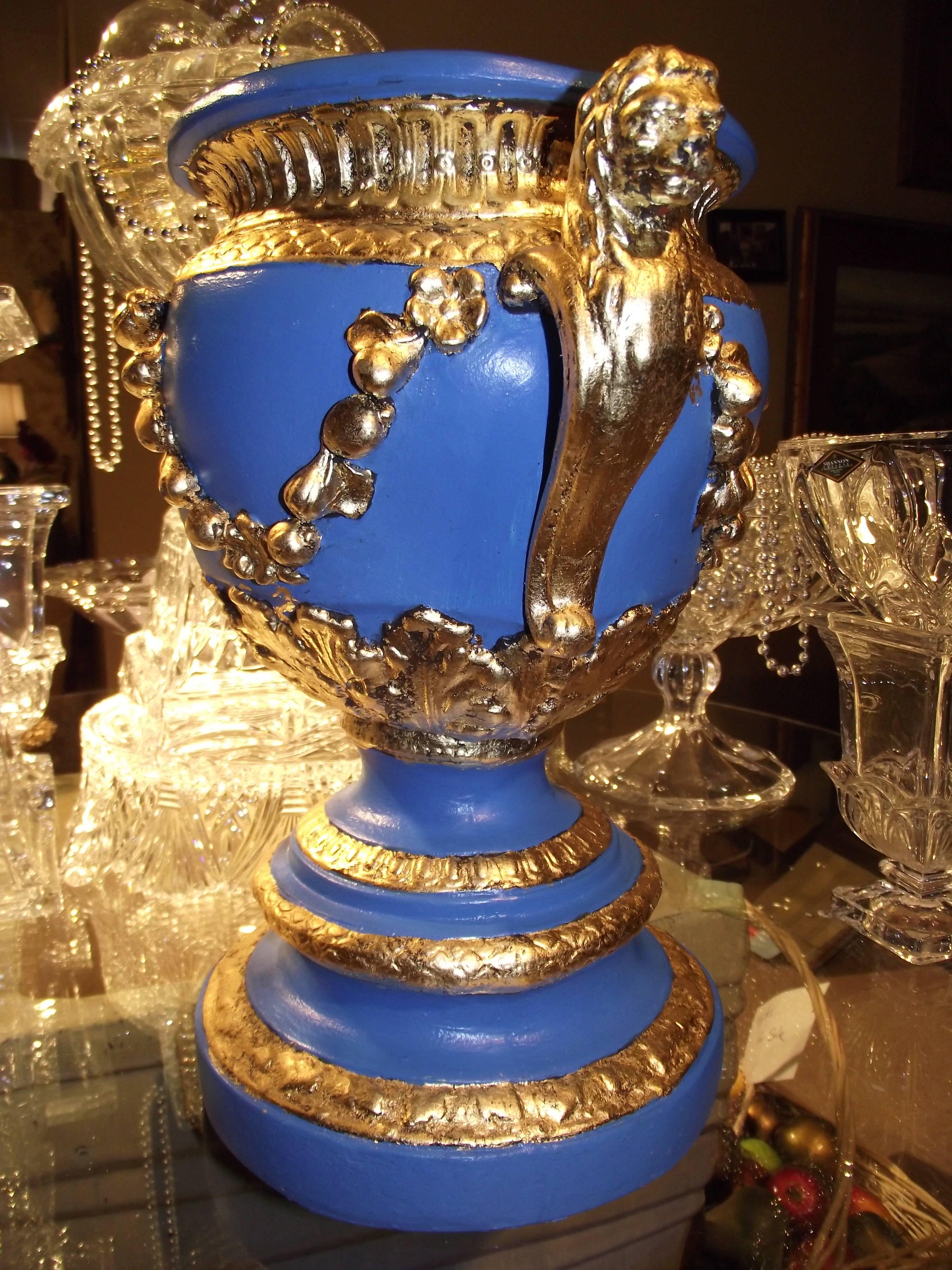 Neoclassical Neoclassic Urn, Blue and Gold Leaf, Plaster Reproduction, gifts for men