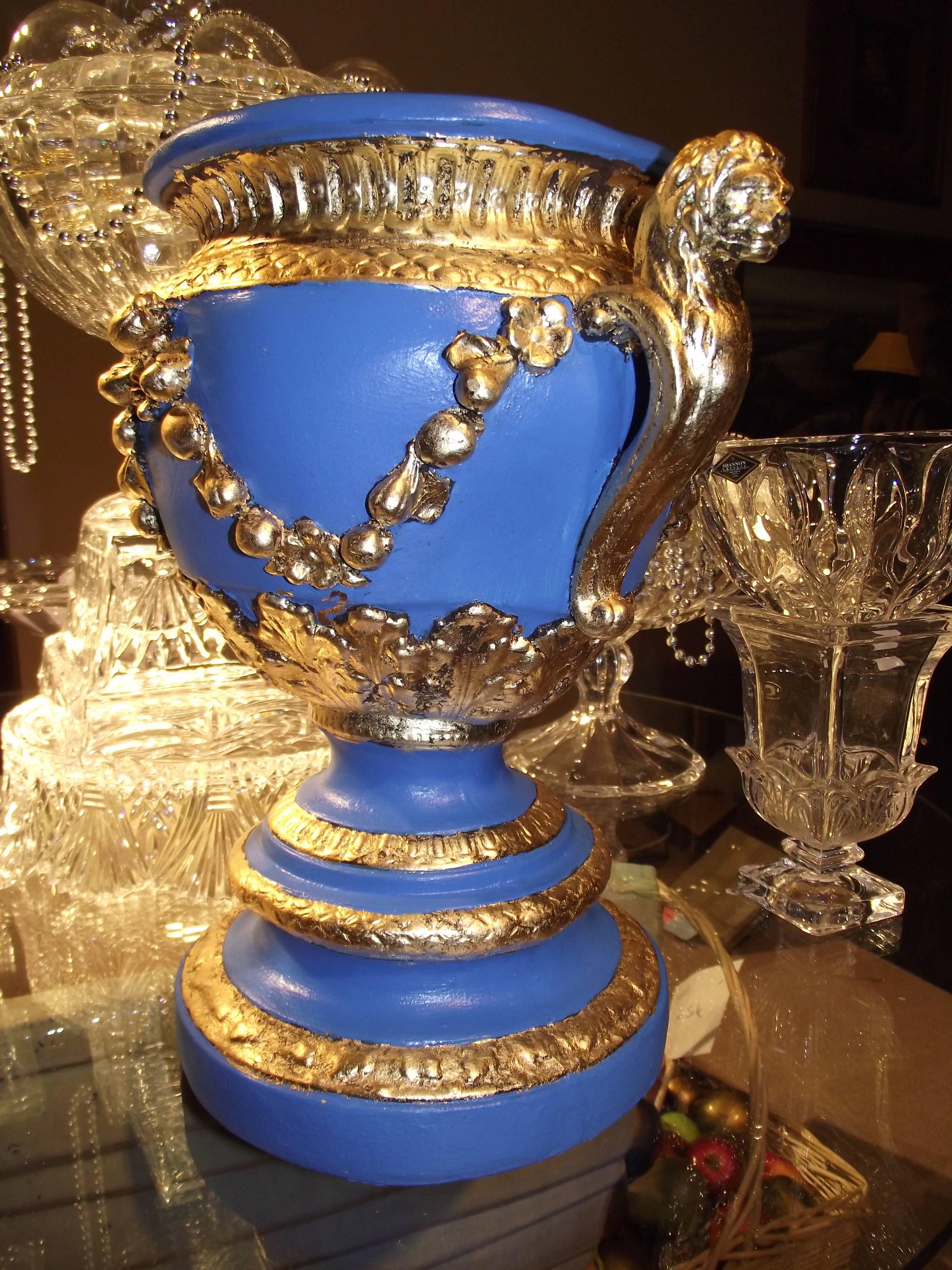 American Neoclassic Urn, Blue and Gold Leaf, Plaster Reproduction, gifts for men