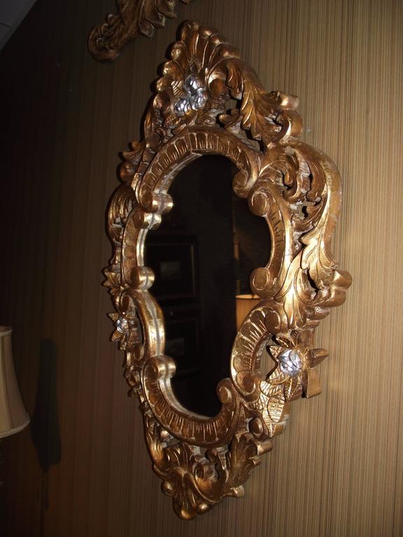 Rococo Style Hand Carved Mirror in Gold Leaf with Silver Accents, at 1stdibs